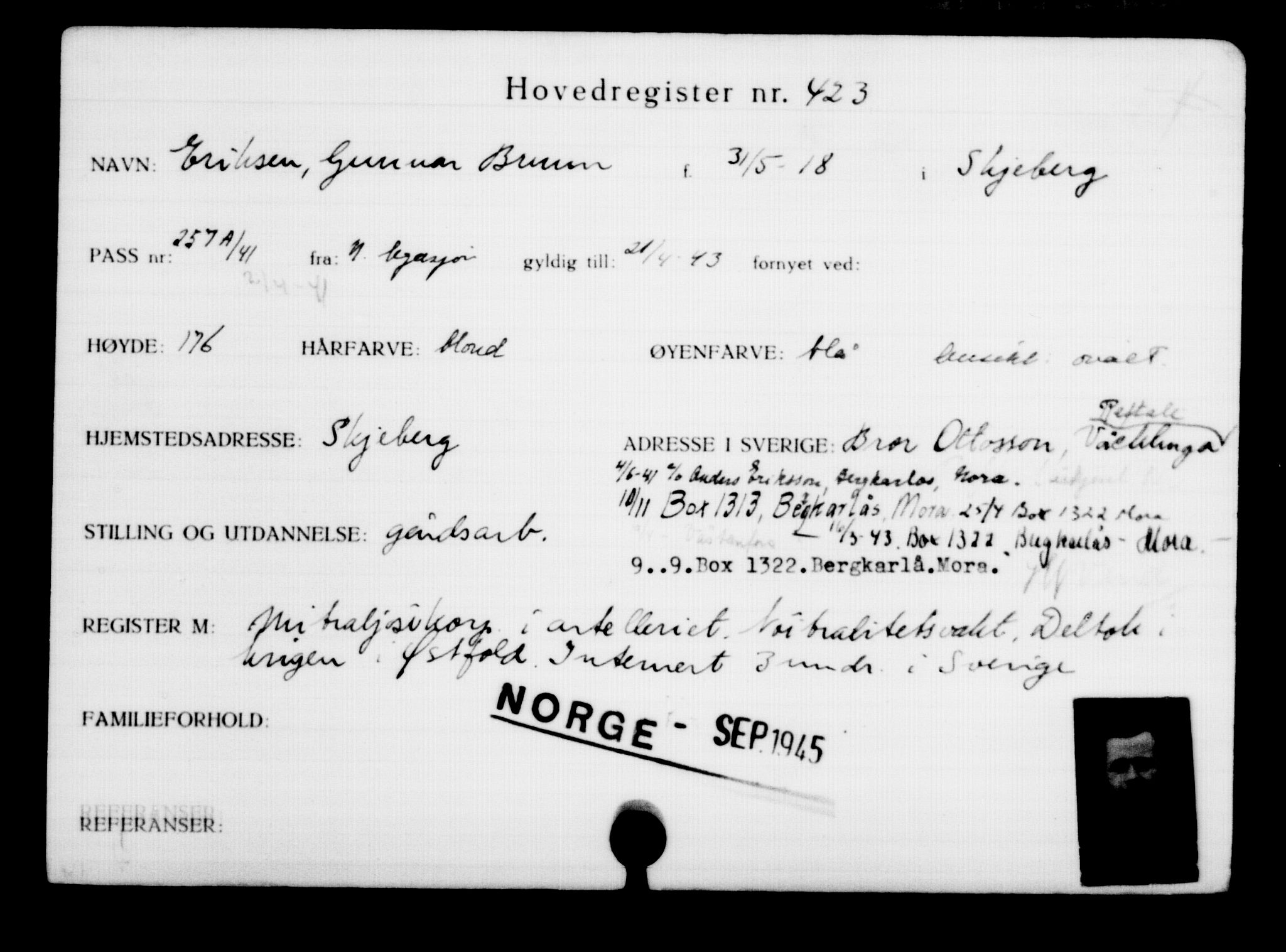 Utenriksstasjonene, Legasjonen i Stockholm, Flyktningkontoret, AV/RA-S-6753/V/Va/L0001: Kjesäterkartoteket, flyktninger med registreringsnr. 1-1000, 1940-1945, p. 662