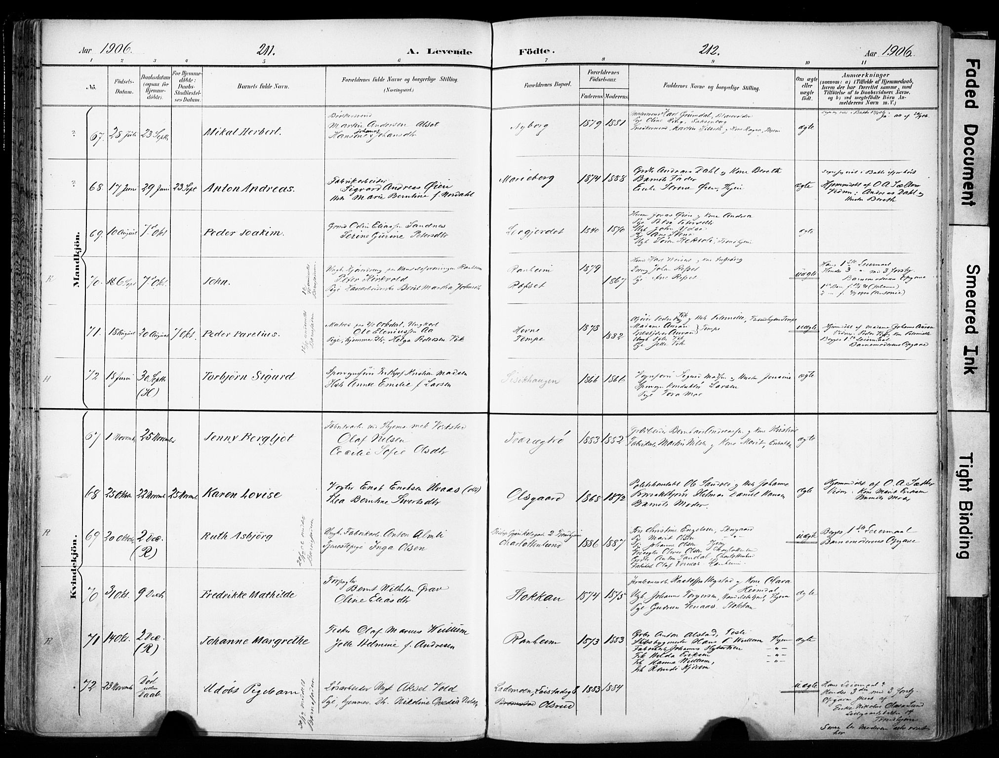 Ministerialprotokoller, klokkerbøker og fødselsregistre - Sør-Trøndelag, AV/SAT-A-1456/606/L0301: Parish register (official) no. 606A16, 1894-1907, p. 211-212