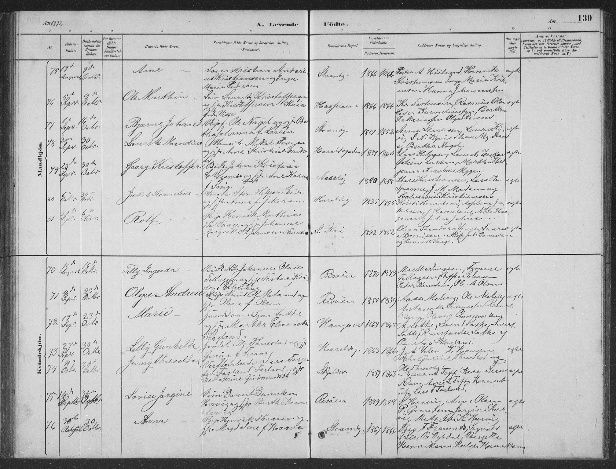 Haugesund sokneprestkontor, AV/SAST-A -101863/H/Ha/Hab/L0002: Parish register (copy) no. B 2, 1881-1894, p. 139