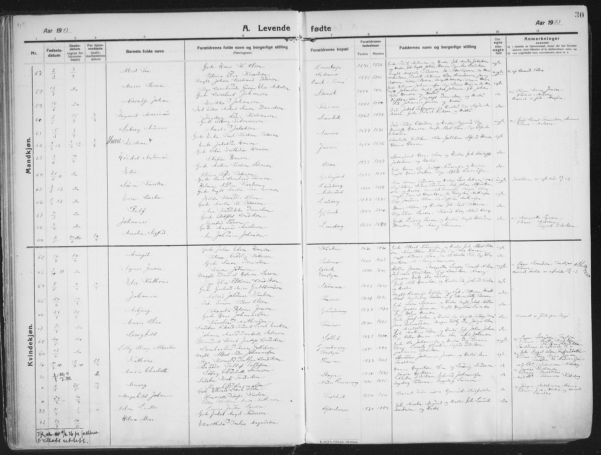 Lenvik sokneprestembete, SATØ/S-1310/H/Ha/Haa/L0016kirke: Parish register (official) no. 16, 1910-1924, p. 30