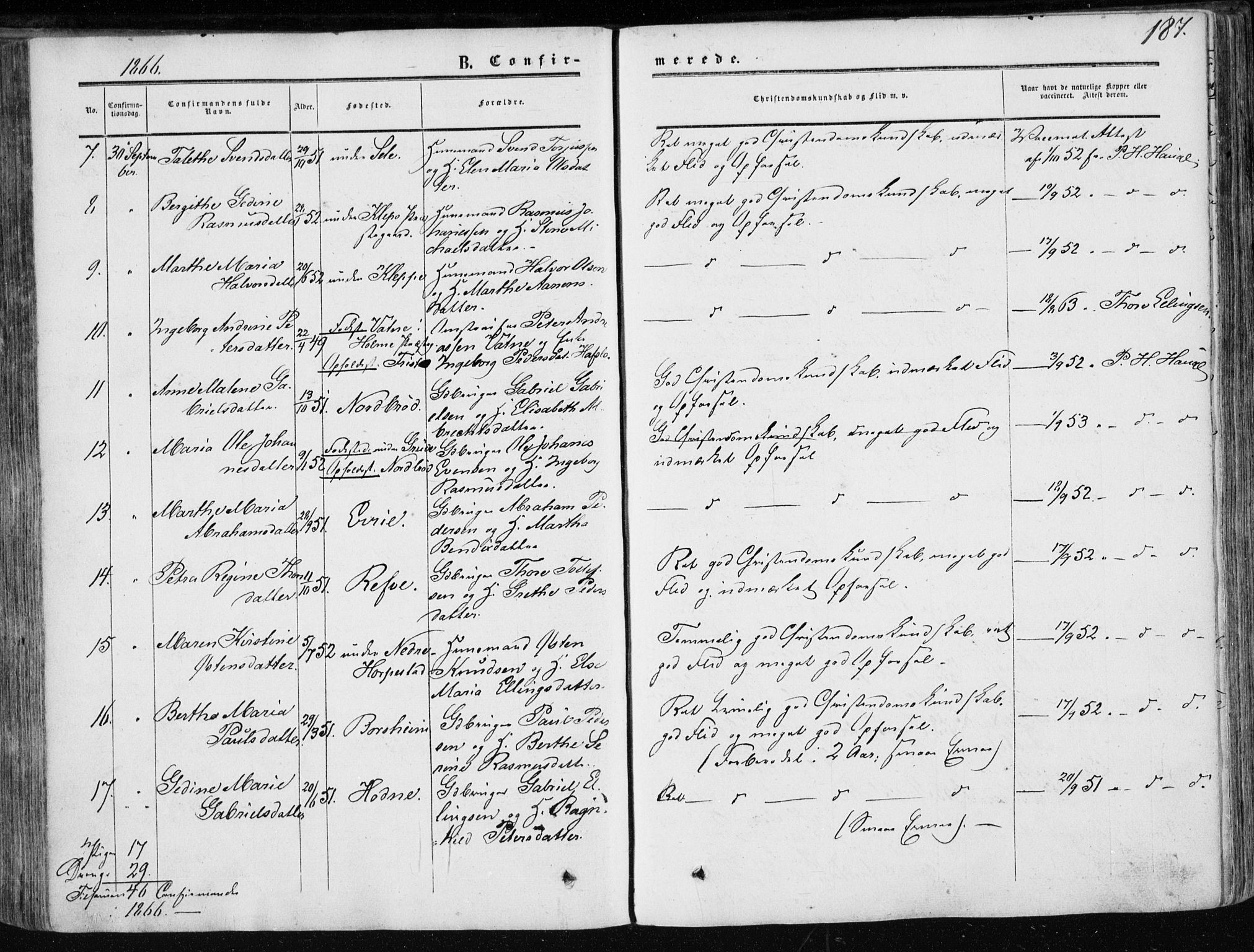 Klepp sokneprestkontor, SAST/A-101803/001/3/30BA/L0005: Parish register (official) no. A 5, 1853-1870, p. 187