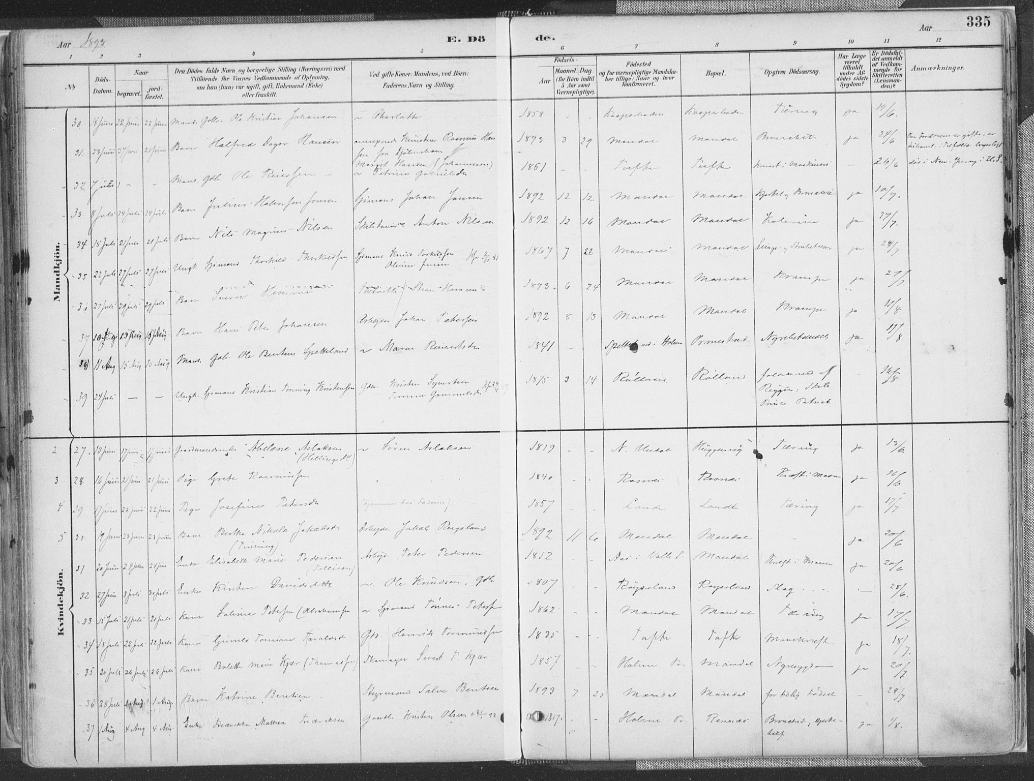 Mandal sokneprestkontor, AV/SAK-1111-0030/F/Fa/Faa/L0018: Parish register (official) no. A 18, 1890-1905, p. 335