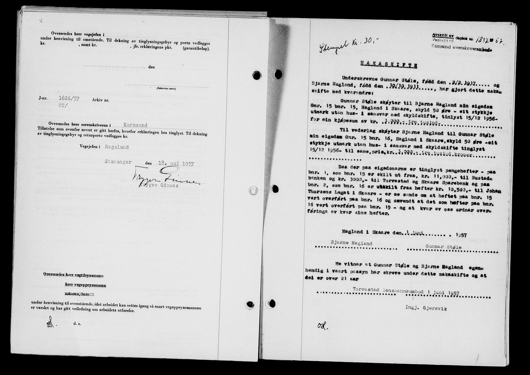 Karmsund sorenskriveri, SAST/A-100311/01/II/IIB/L0125: Mortgage book no. 105A, 1957-1957, Diary no: : 1837/1957