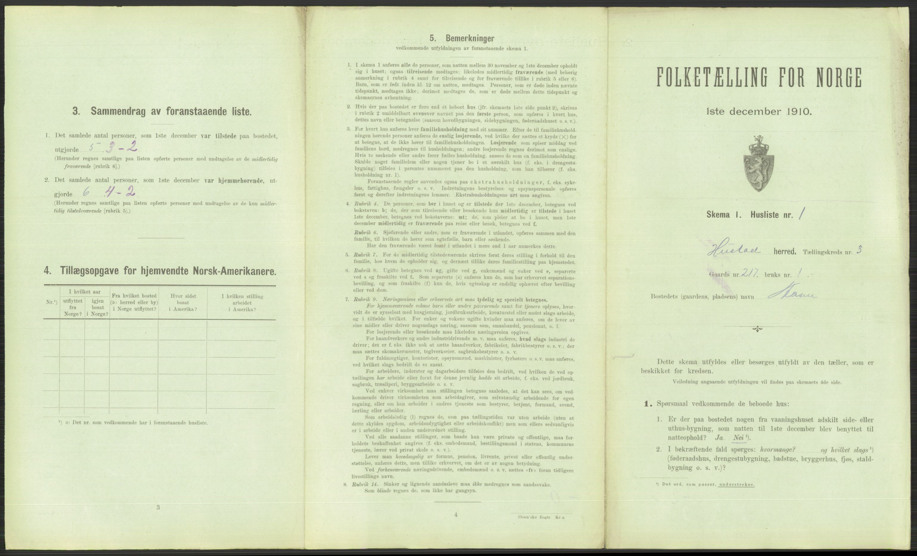 RA, 1910 census for Hustad (Sandvollan), 1910, p. 223