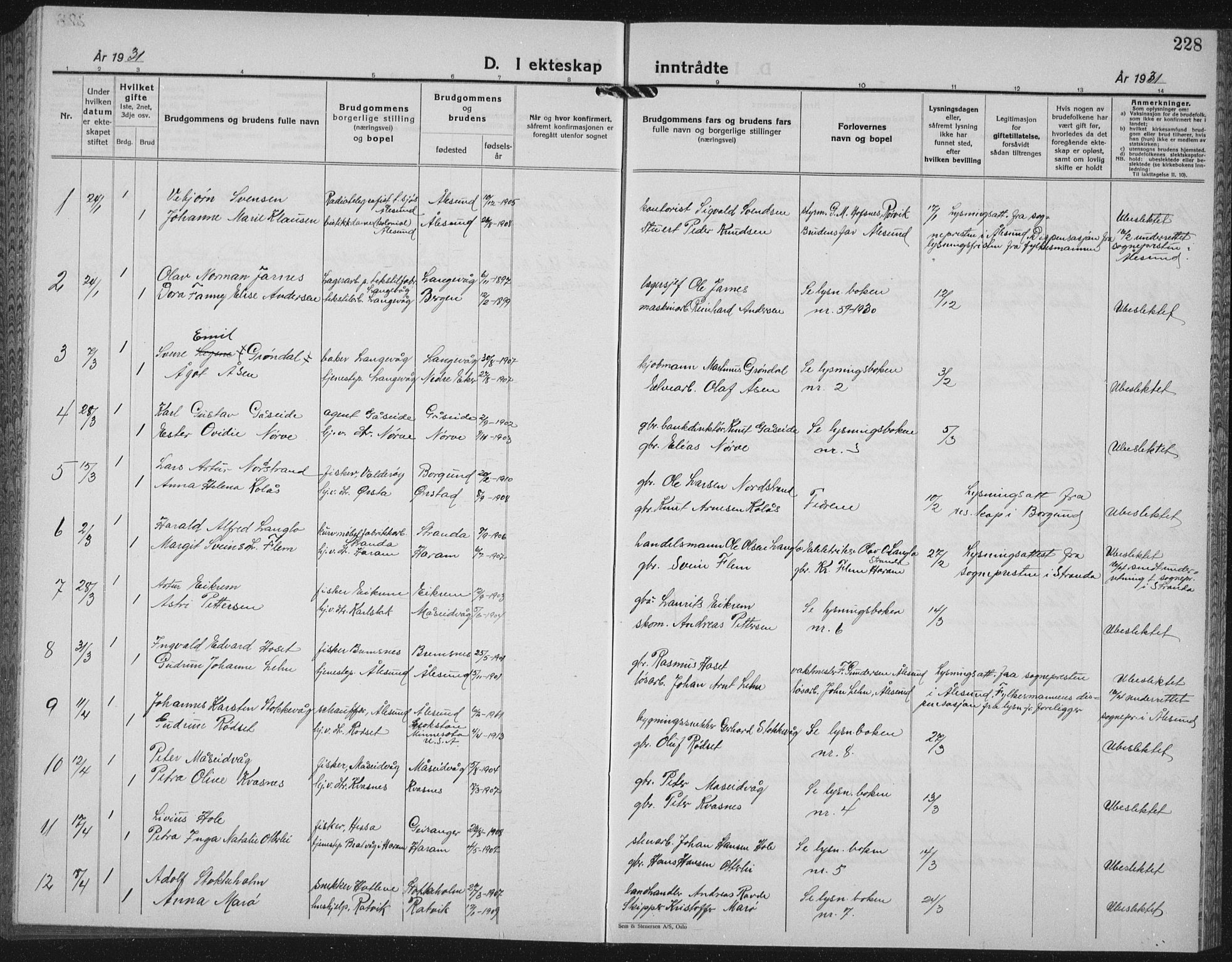 Ministerialprotokoller, klokkerbøker og fødselsregistre - Møre og Romsdal, AV/SAT-A-1454/528/L0436: Parish register (copy) no. 528C17, 1927-1939, p. 228