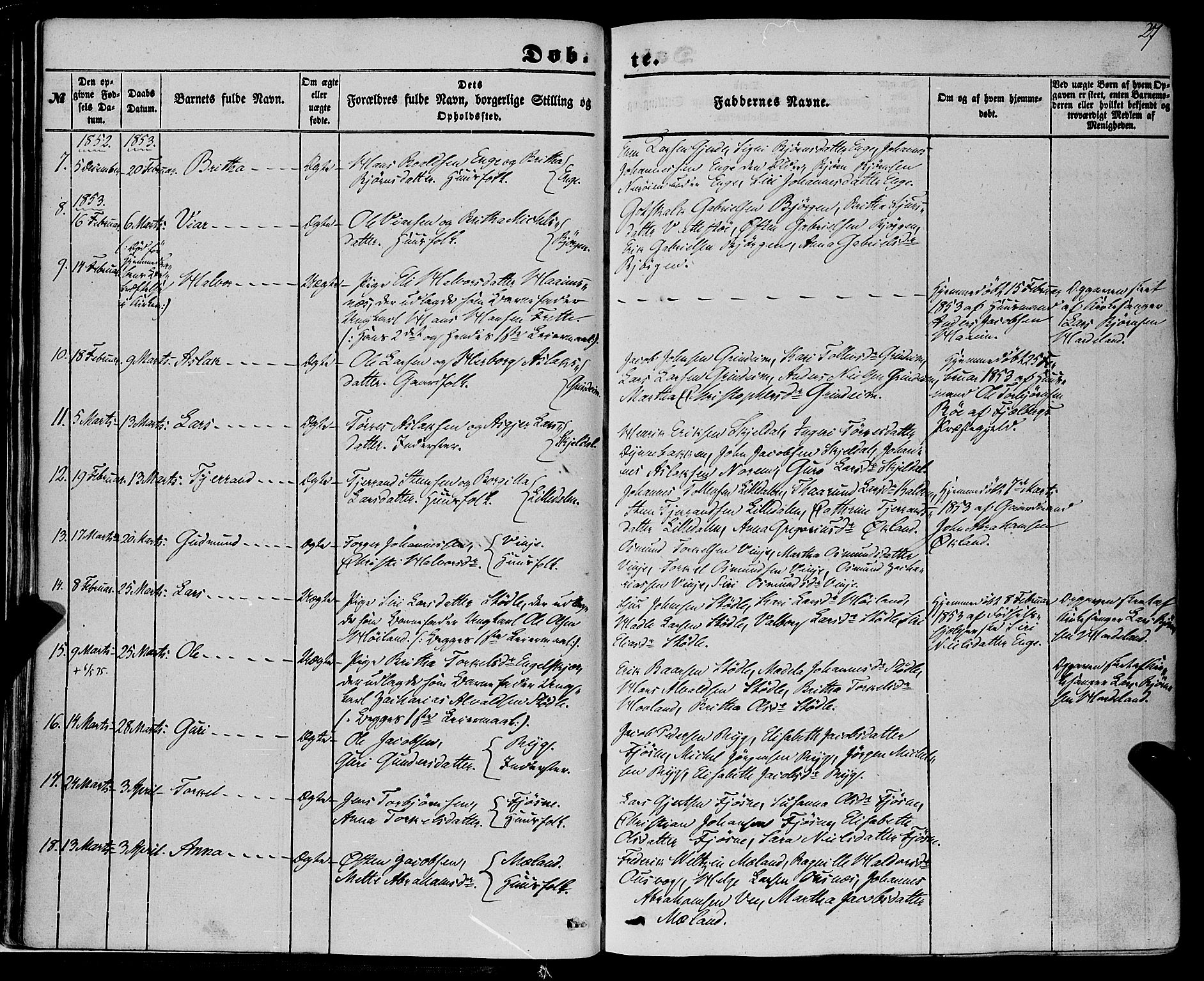 Etne sokneprestembete, AV/SAB-A-75001/H/Haa: Parish register (official) no. A 8, 1848-1862, p. 27