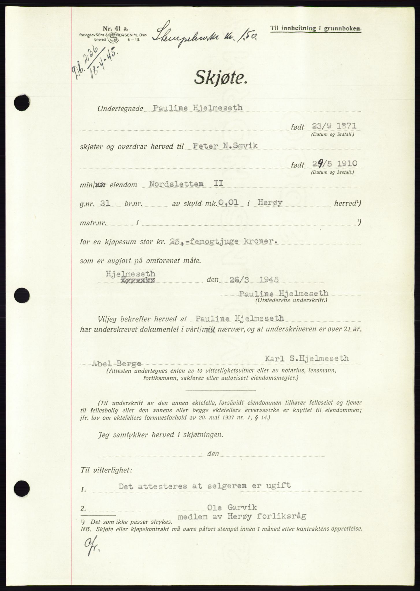 Søre Sunnmøre sorenskriveri, AV/SAT-A-4122/1/2/2C/L0077: Mortgage book no. 3A, 1945-1946, Diary no: : 236/1945