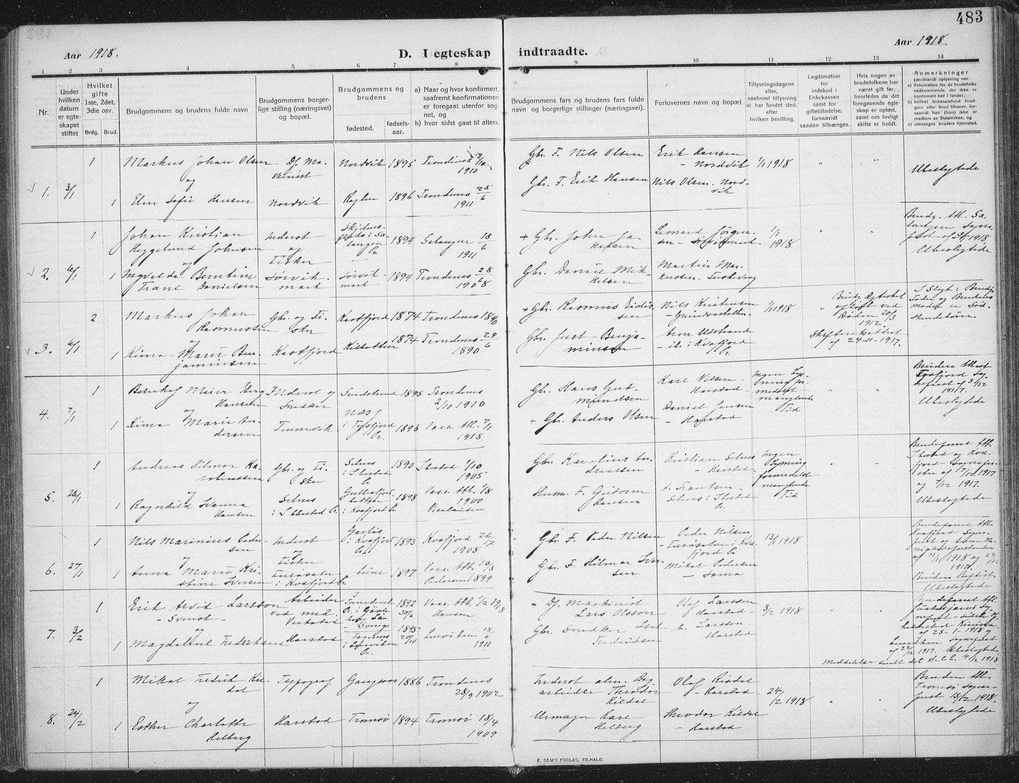 Trondenes sokneprestkontor, SATØ/S-1319/H/Ha/L0018kirke: Parish register (official) no. 18, 1909-1918, p. 483