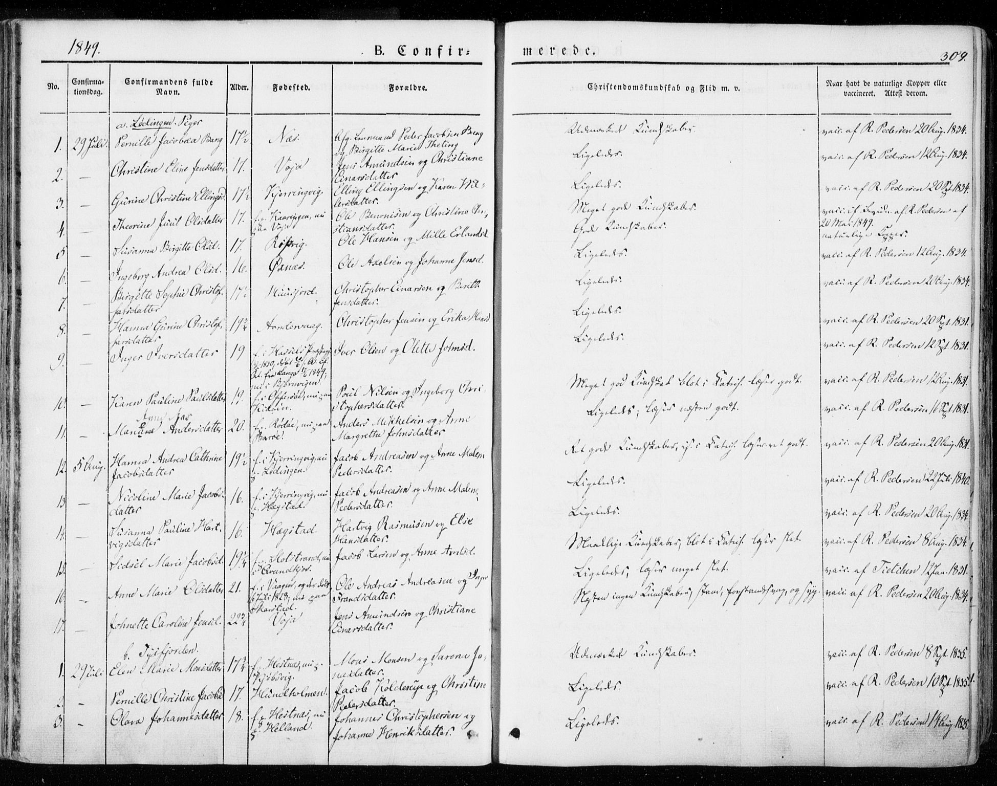 Ministerialprotokoller, klokkerbøker og fødselsregistre - Nordland, AV/SAT-A-1459/872/L1033: Parish register (official) no. 872A08, 1840-1863, p. 309