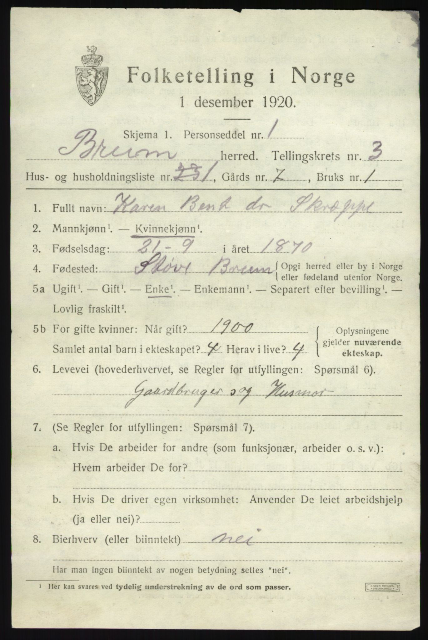 SAB, 1920 census for Breim, 1920, p. 1593