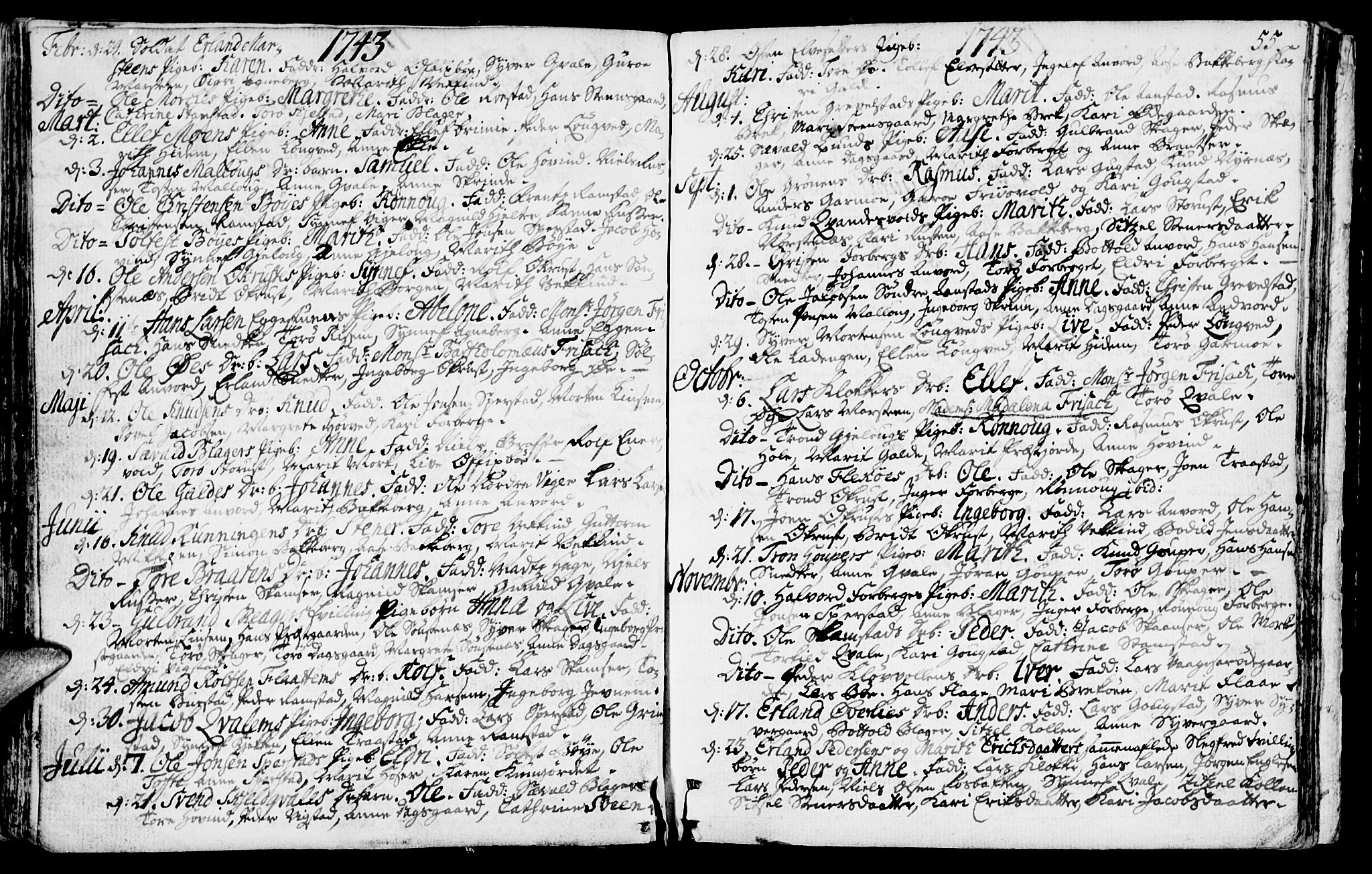 Lom prestekontor, SAH/PREST-070/K/L0001: Parish register (official) no. 1, 1733-1748, p. 55