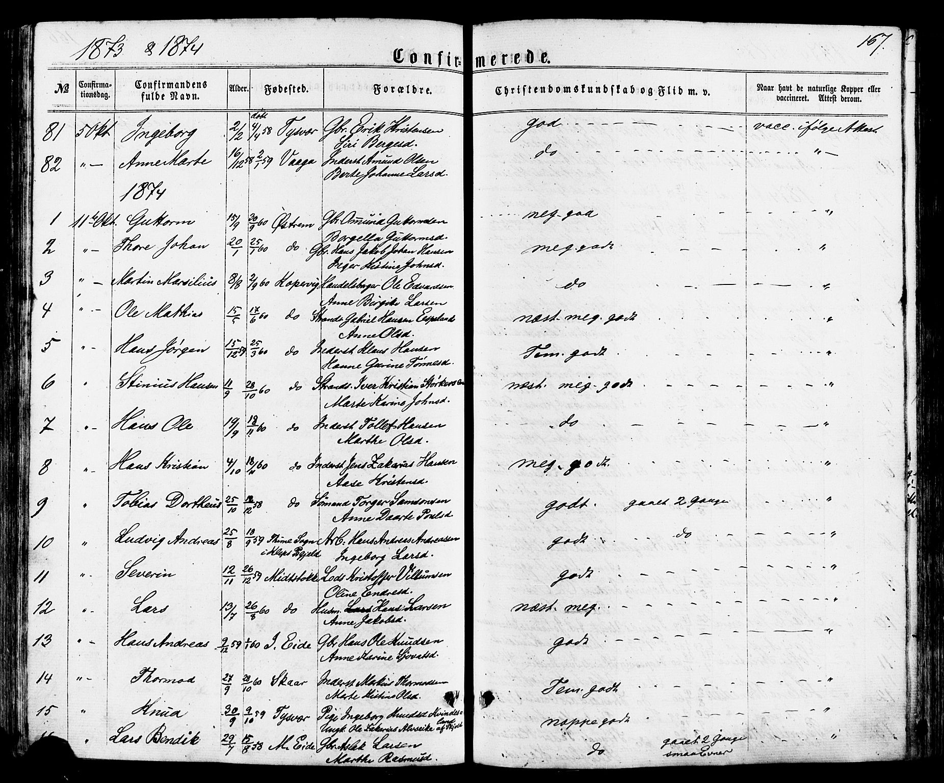 Avaldsnes sokneprestkontor, SAST/A -101851/H/Ha/Haa/L0011: Parish register (official) no. A 11, 1861-1880, p. 167