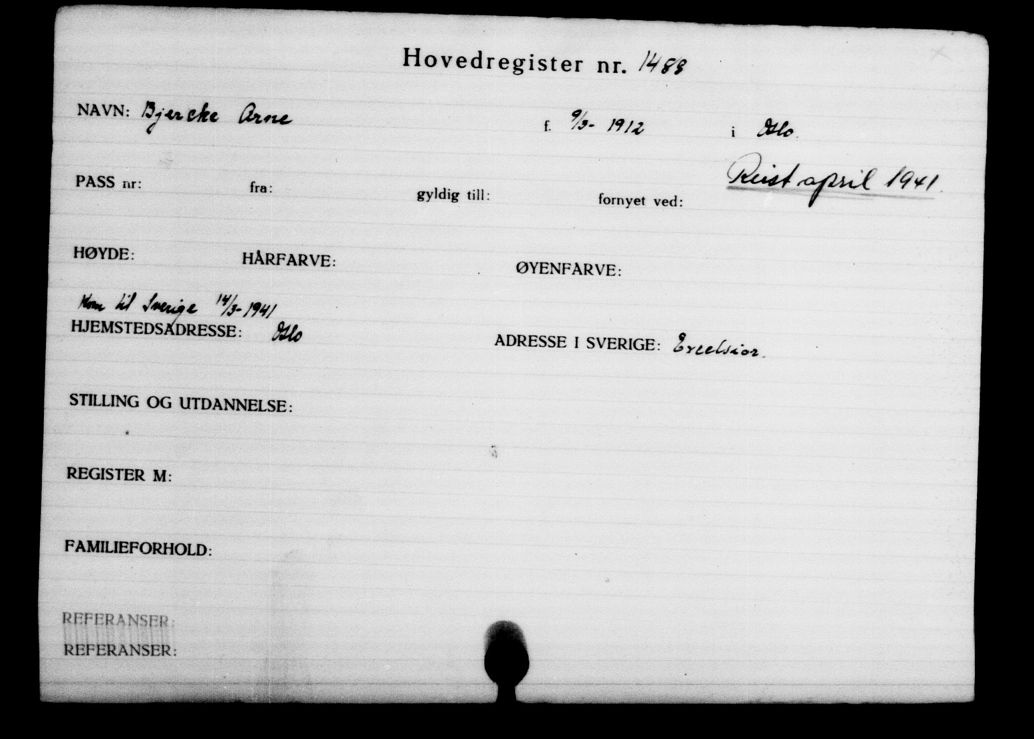 Utenriksstasjonene, Legasjonen i Stockholm, Flyktningkontoret, AV/RA-S-6753/V/Va/L0002: Kjesäterkartoteket, flyktninger med registreringsnr. 1001-2000, 1940-1945, p. 689