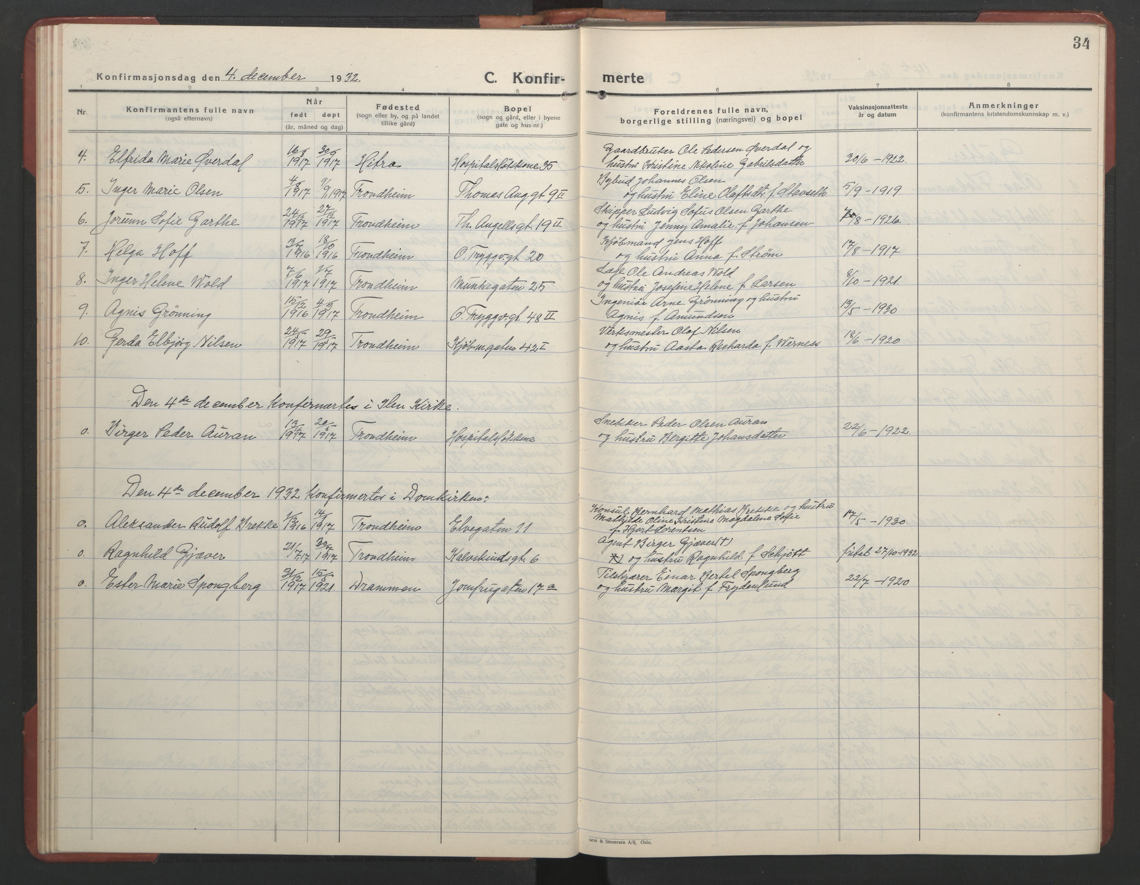 Ministerialprotokoller, klokkerbøker og fødselsregistre - Sør-Trøndelag, SAT/A-1456/602/L0151: Parish register (copy) no. 602C19, 1925-1951, p. 34