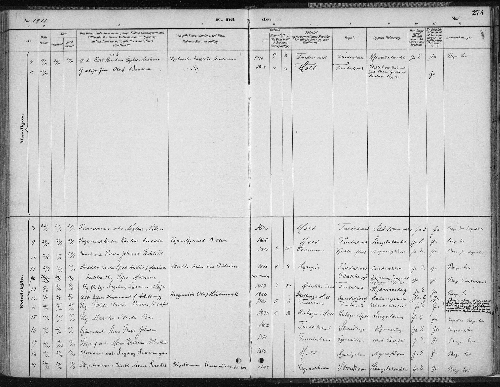 Tvedestrand sokneprestkontor, AV/SAK-1111-0042/F/Fa/L0001: Parish register (official) no. A 1, 1885-1916, p. 274