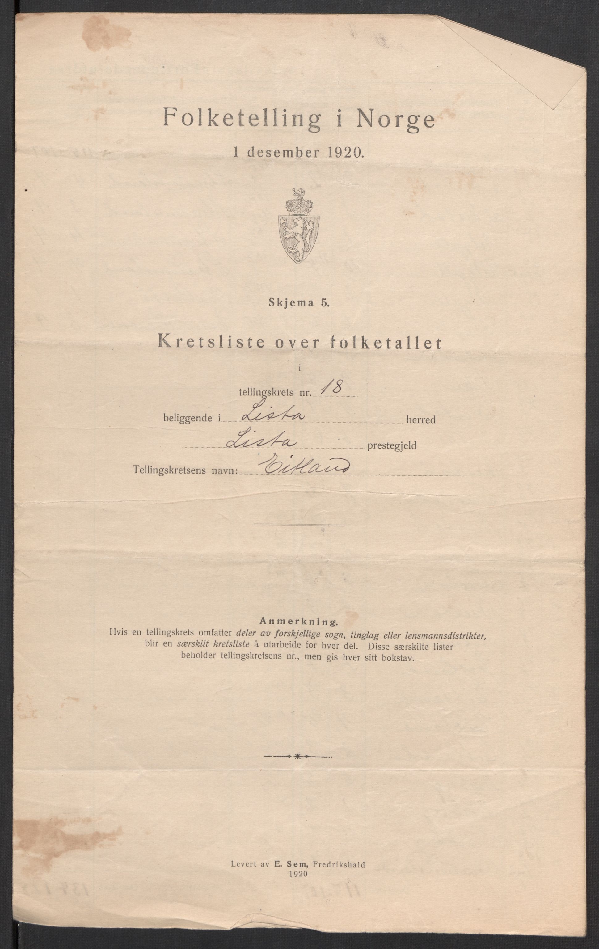 SAK, 1920 census for Lista, 1920, p. 69