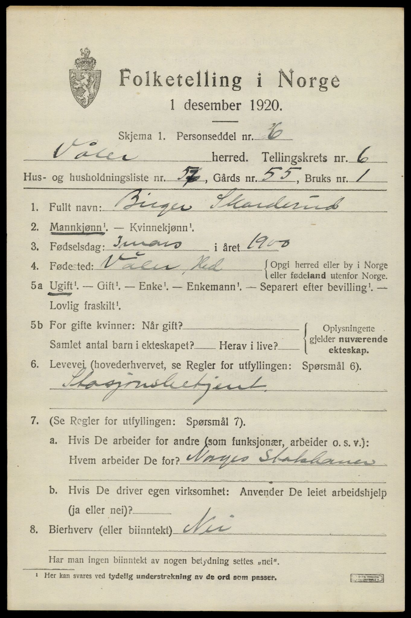 SAH, 1920 census for Våler (Hedmark), 1920, p. 7407