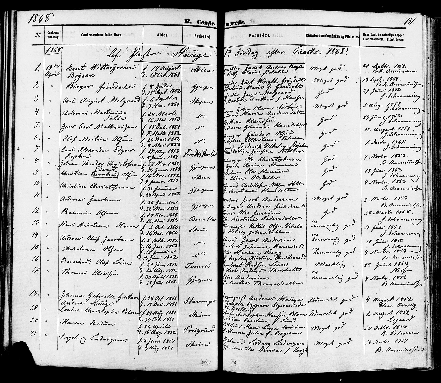 Skien kirkebøker, SAKO/A-302/F/Fa/L0008: Parish register (official) no. 8, 1866-1877, p. 131