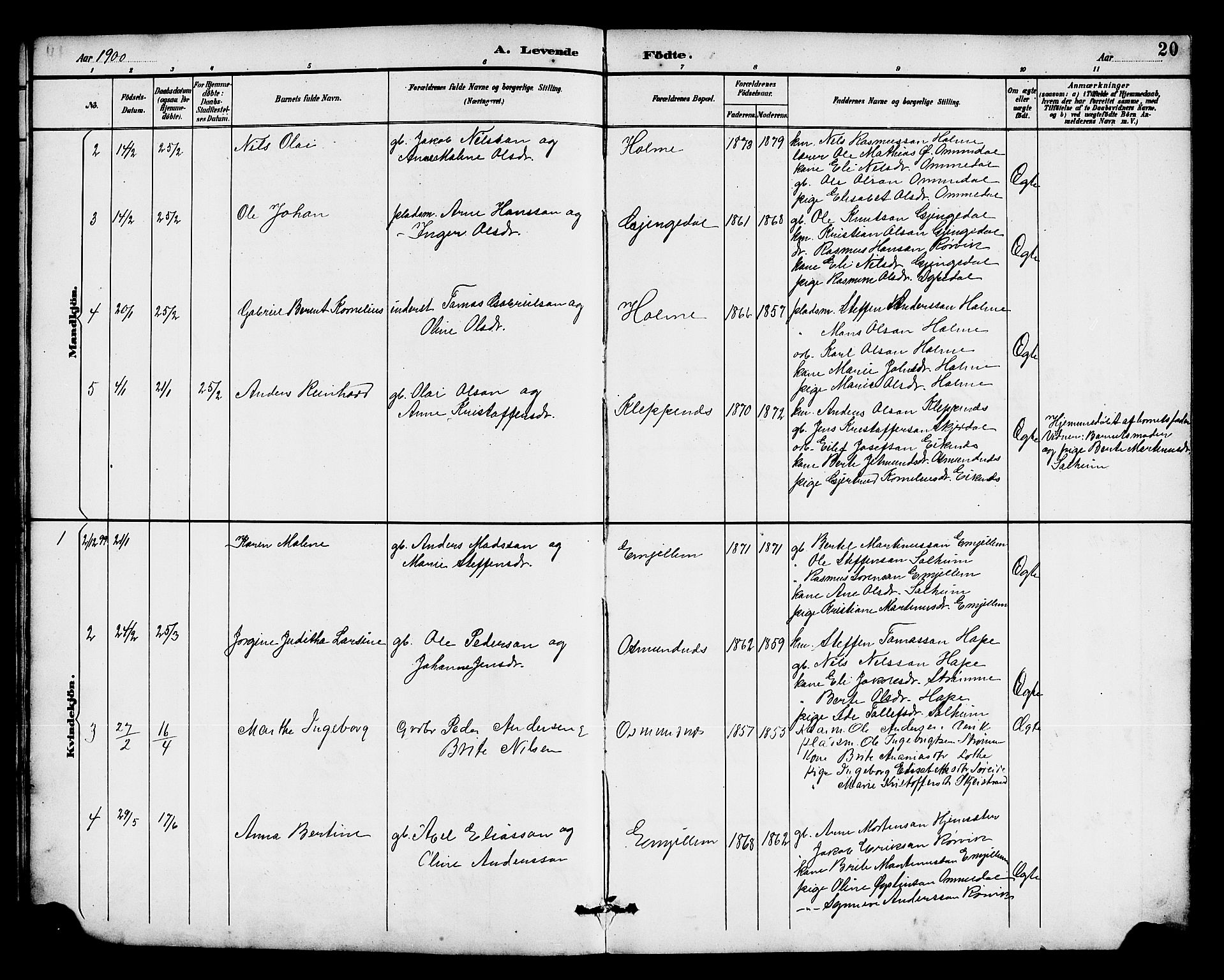 Gloppen sokneprestembete, AV/SAB-A-80101/H/Hab/Habe/L0001: Parish register (copy) no. E 1, 1891-1917, p. 20