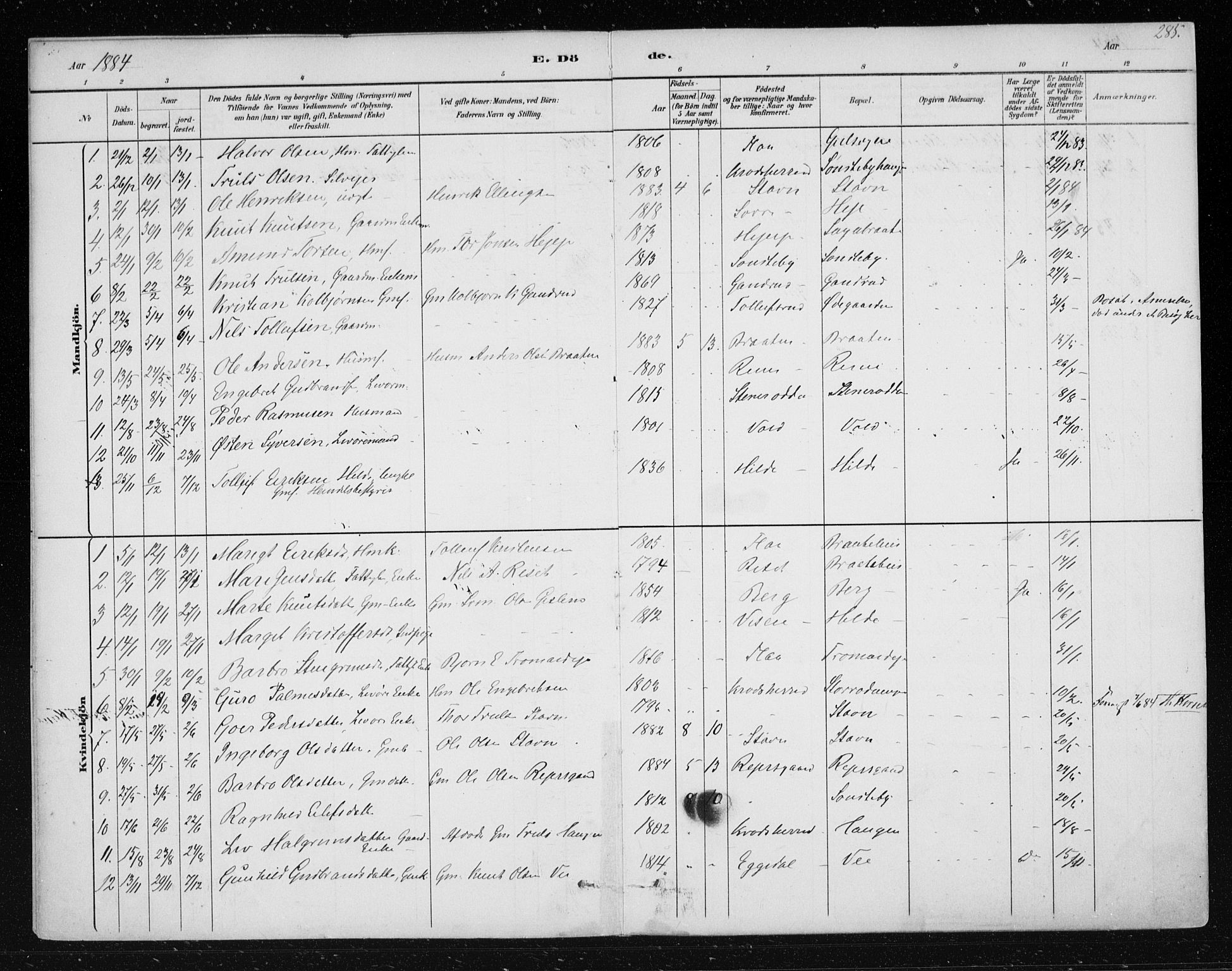 Nes kirkebøker, SAKO/A-236/F/Fa/L0012: Parish register (official) no. 12, 1881-1917, p. 285