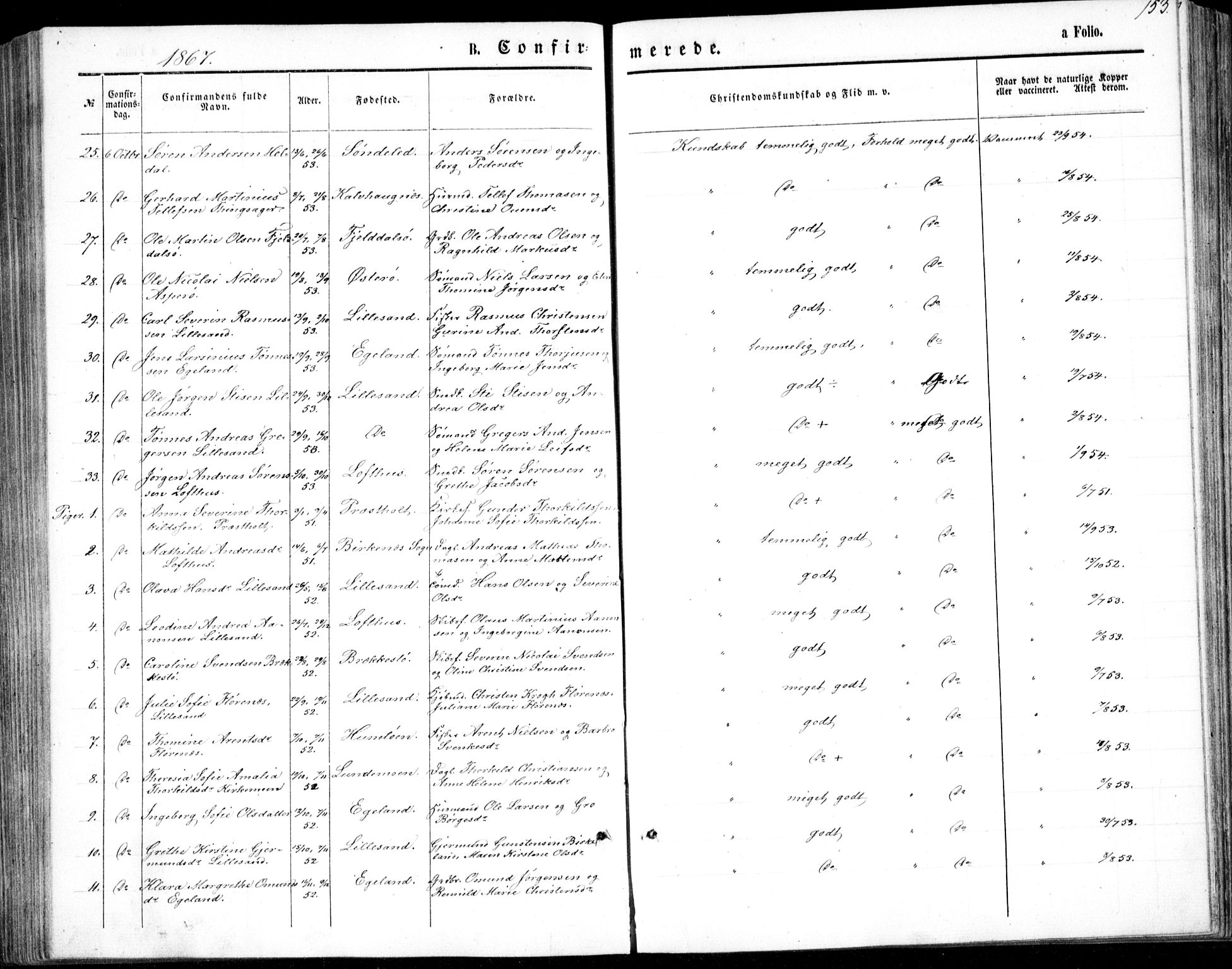 Vestre Moland sokneprestkontor, AV/SAK-1111-0046/F/Fb/Fbb/L0004: Parish register (copy) no. B 4, 1861-1872, p. 153