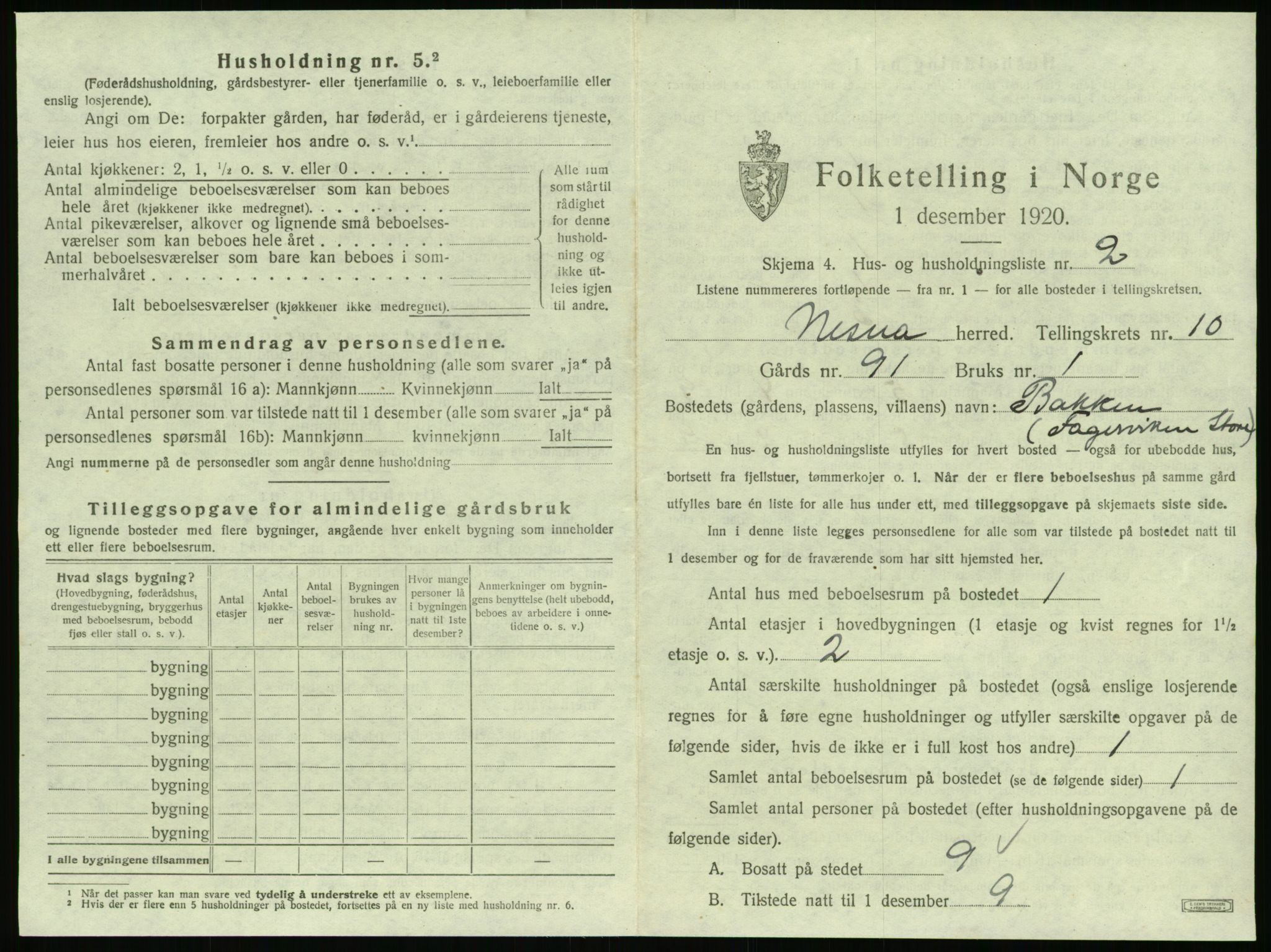 SAT, 1920 census for Nesna, 1920, p. 1191