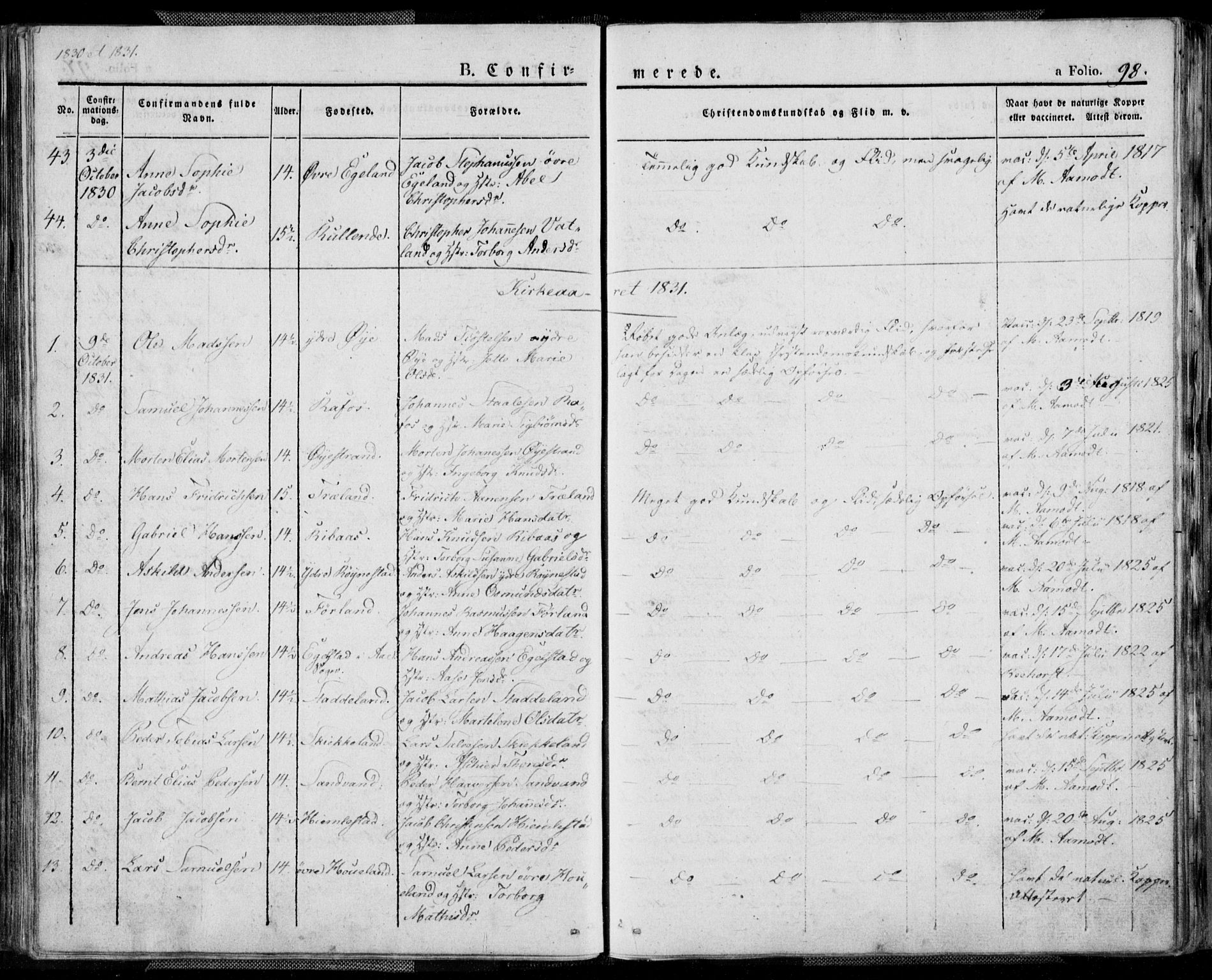 Kvinesdal sokneprestkontor, AV/SAK-1111-0026/F/Fa/Fab/L0004: Parish register (official) no. A 4, 1829-1843, p. 98