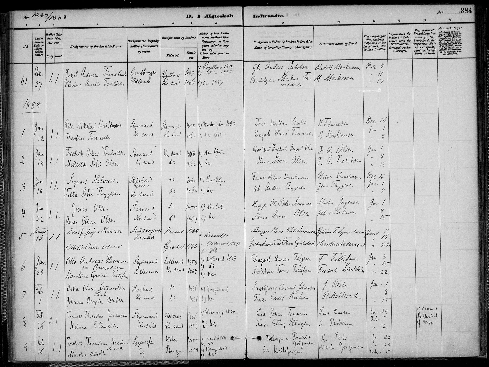Kristiansand domprosti, SAK/1112-0006/F/Fa/L0017: Parish register (official) no. A 16B, 1880-1890, p. 384