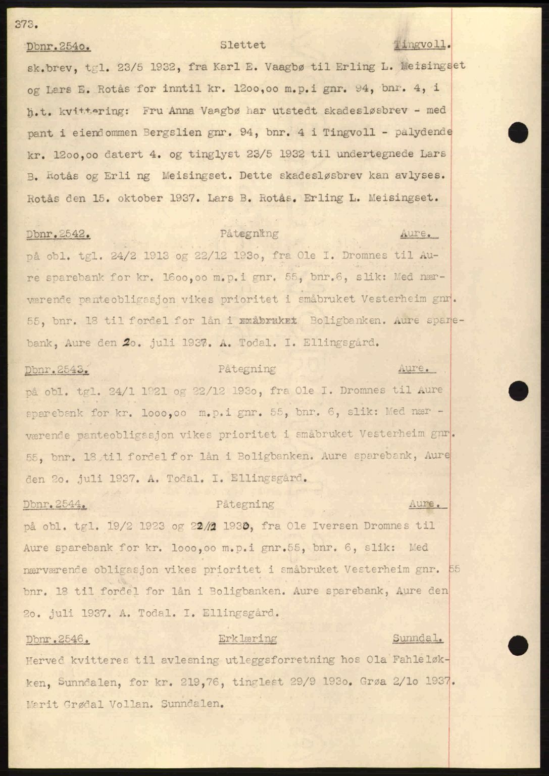 Nordmøre sorenskriveri, AV/SAT-A-4132/1/2/2Ca: Mortgage book no. C80, 1936-1939, Diary no: : 2540/1937