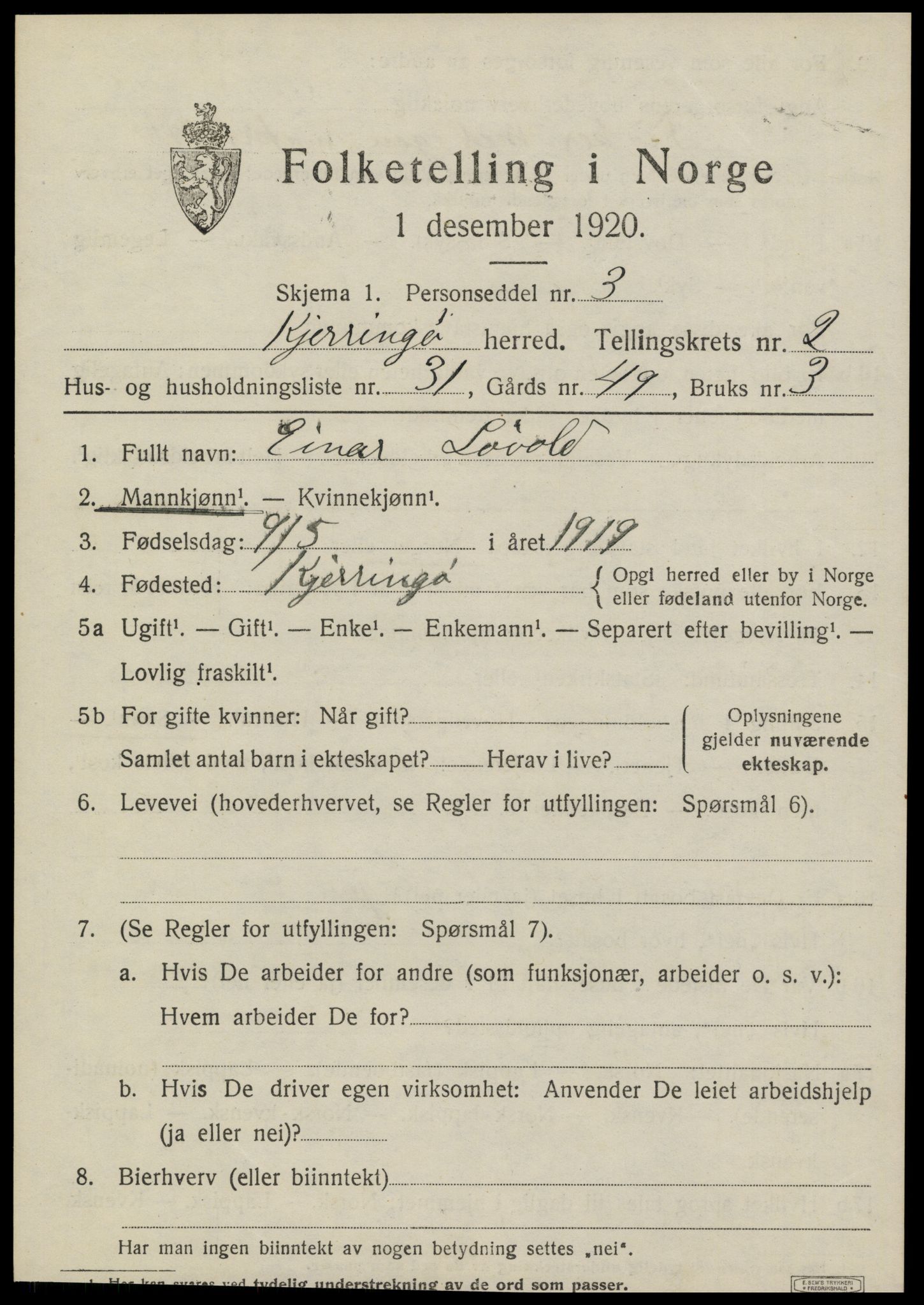 SAT, 1920 census for Kjerringøy, 1920, p. 1179