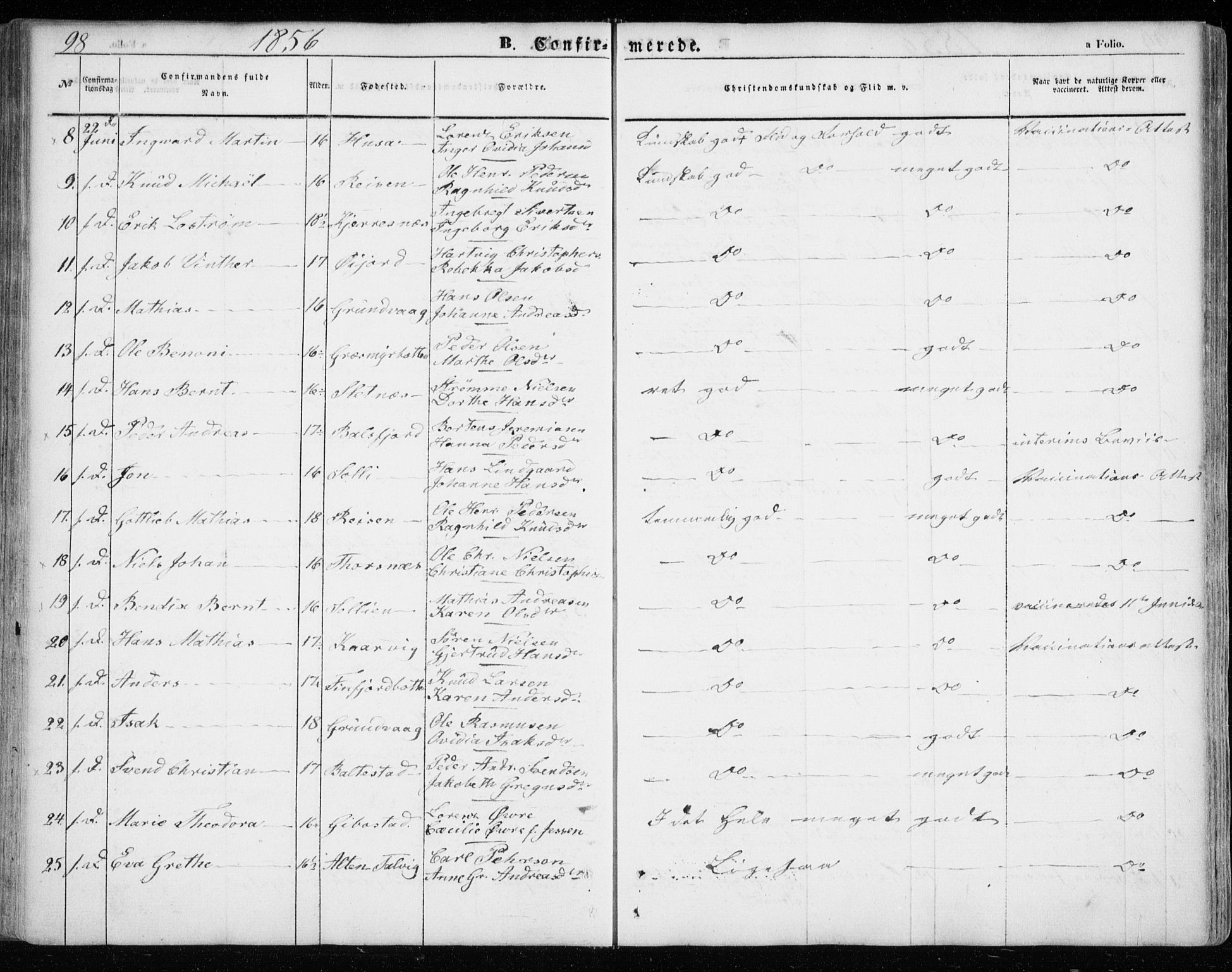 Lenvik sokneprestembete, SATØ/S-1310/H/Ha/Haa/L0007kirke: Parish register (official) no. 7, 1855-1865, p. 98