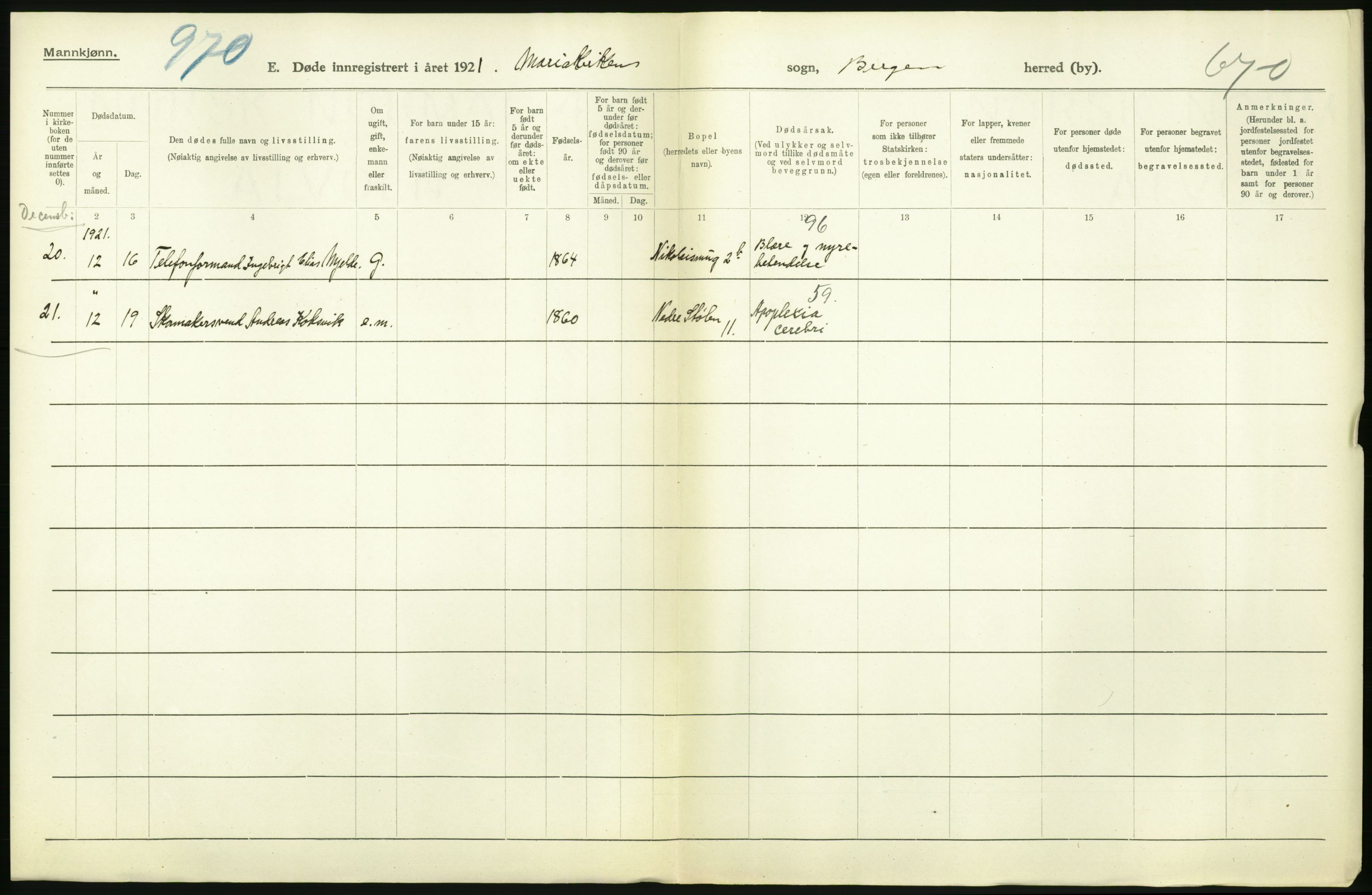 Statistisk sentralbyrå, Sosiodemografiske emner, Befolkning, AV/RA-S-2228/D/Df/Dfc/Dfca/L0036: Bergen: Døde., 1921, p. 90