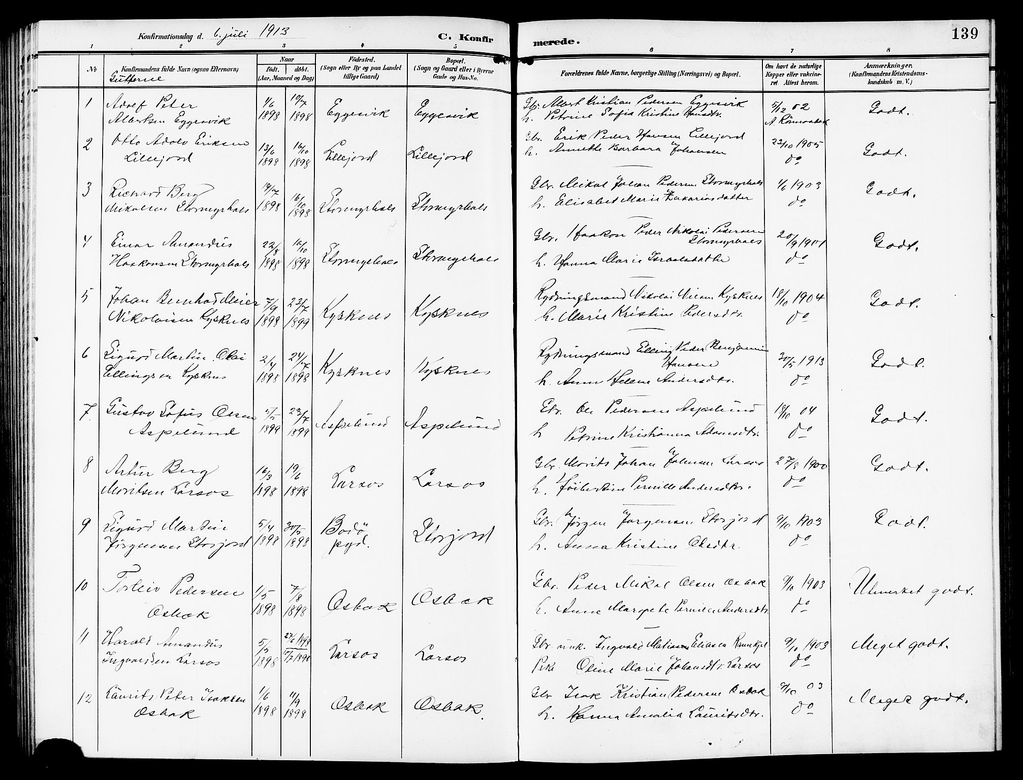 Ministerialprotokoller, klokkerbøker og fødselsregistre - Nordland, SAT/A-1459/846/L0655: Parish register (copy) no. 846C05, 1902-1916, p. 139