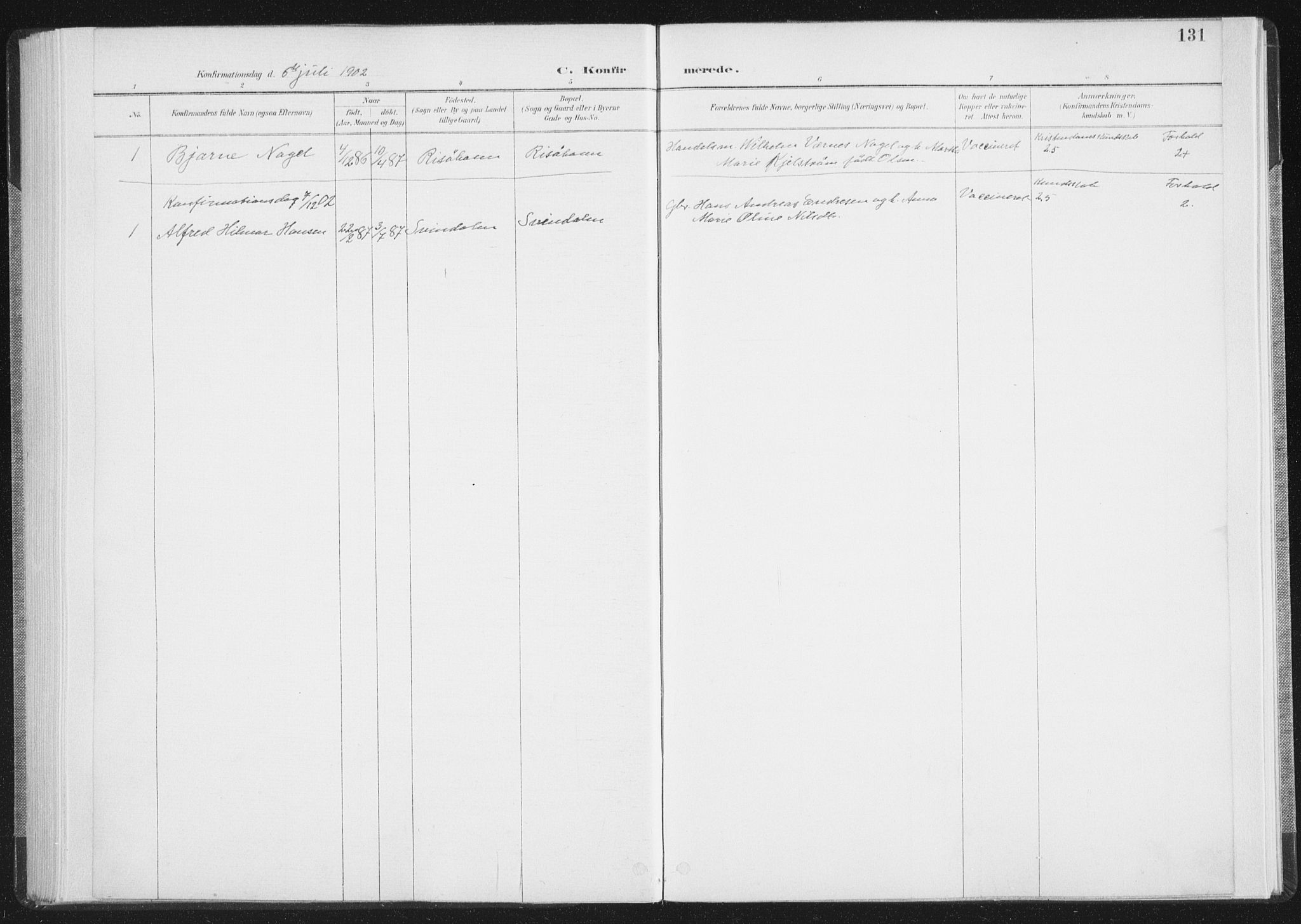 Ministerialprotokoller, klokkerbøker og fødselsregistre - Nordland, AV/SAT-A-1459/898/L1422: Parish register (official) no. 898A02, 1887-1908, p. 131