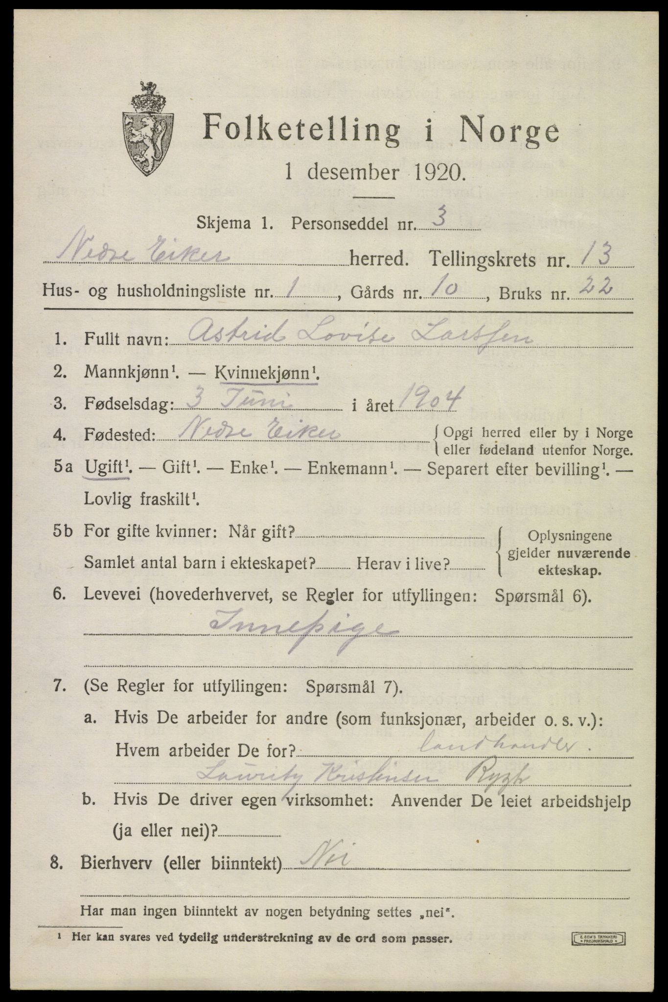 SAKO, 1920 census for Nedre Eiker, 1920, p. 14725