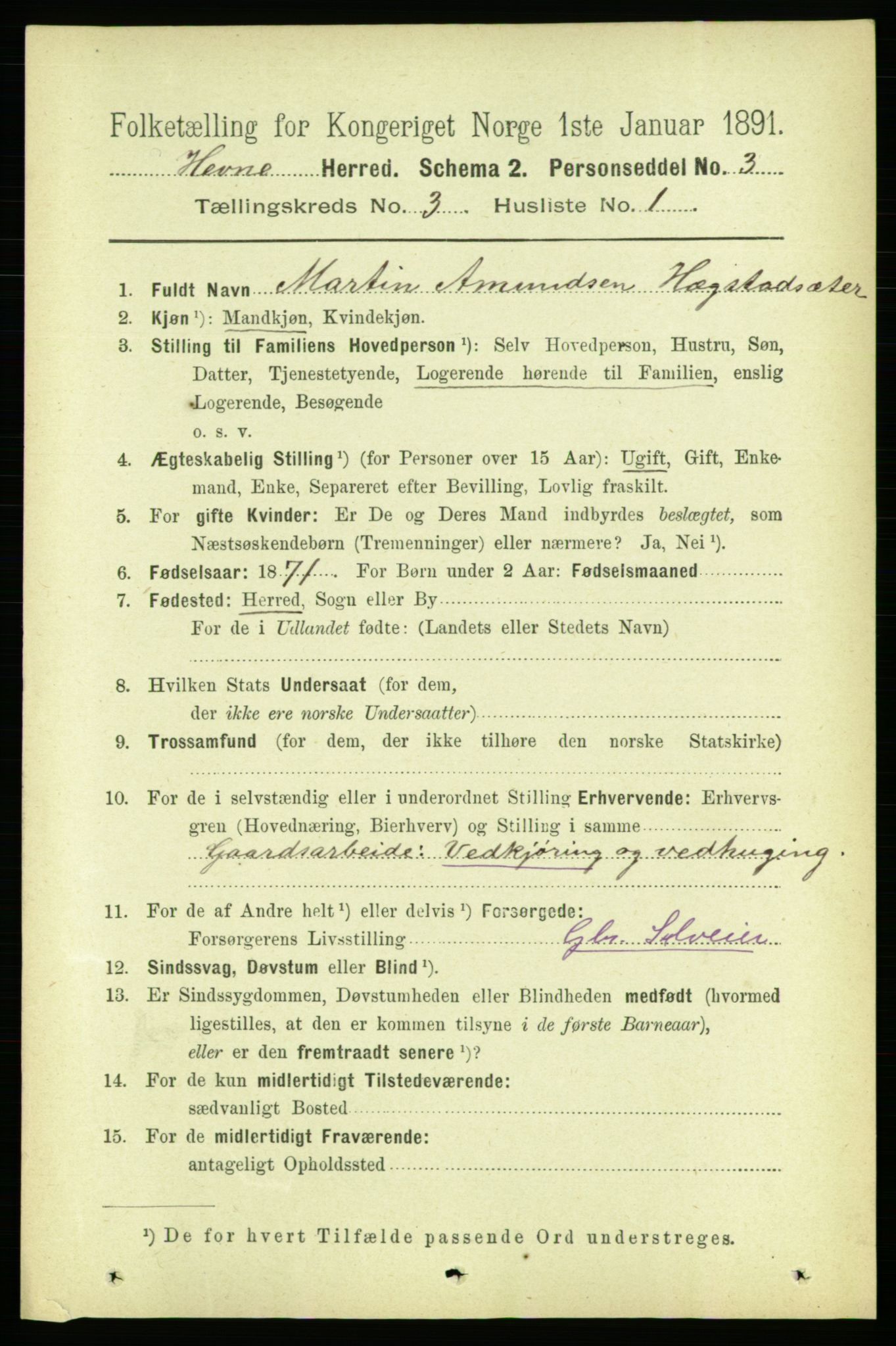 RA, 1891 census for 1612 Hemne, 1891, p. 1379