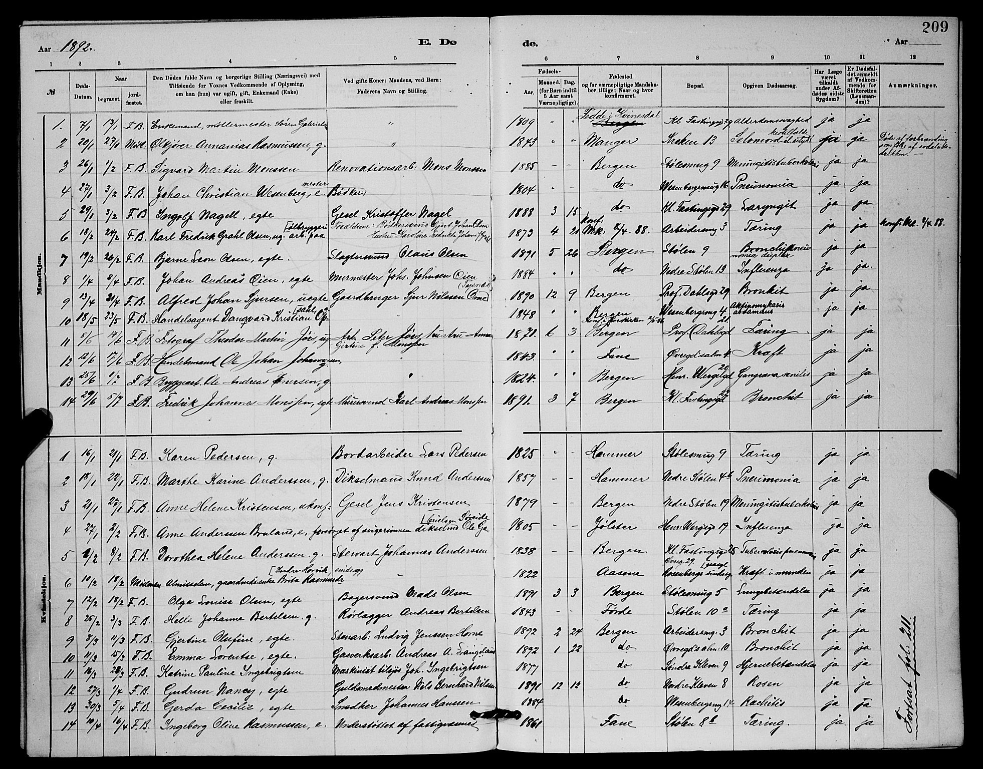 Mariakirken Sokneprestembete, SAB/A-76901/H/Hab/L0004: Parish register (copy) no. A 4, 1878-1892, p. 209