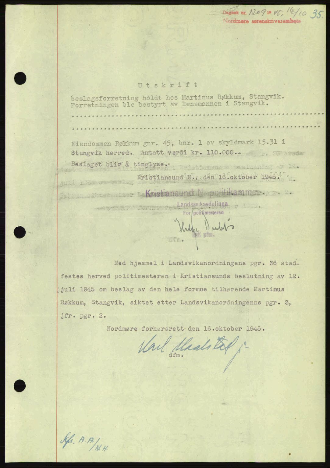 Nordmøre sorenskriveri, AV/SAT-A-4132/1/2/2Ca: Mortgage book no. B93a, 1945-1945, Diary no: : 1309/1945