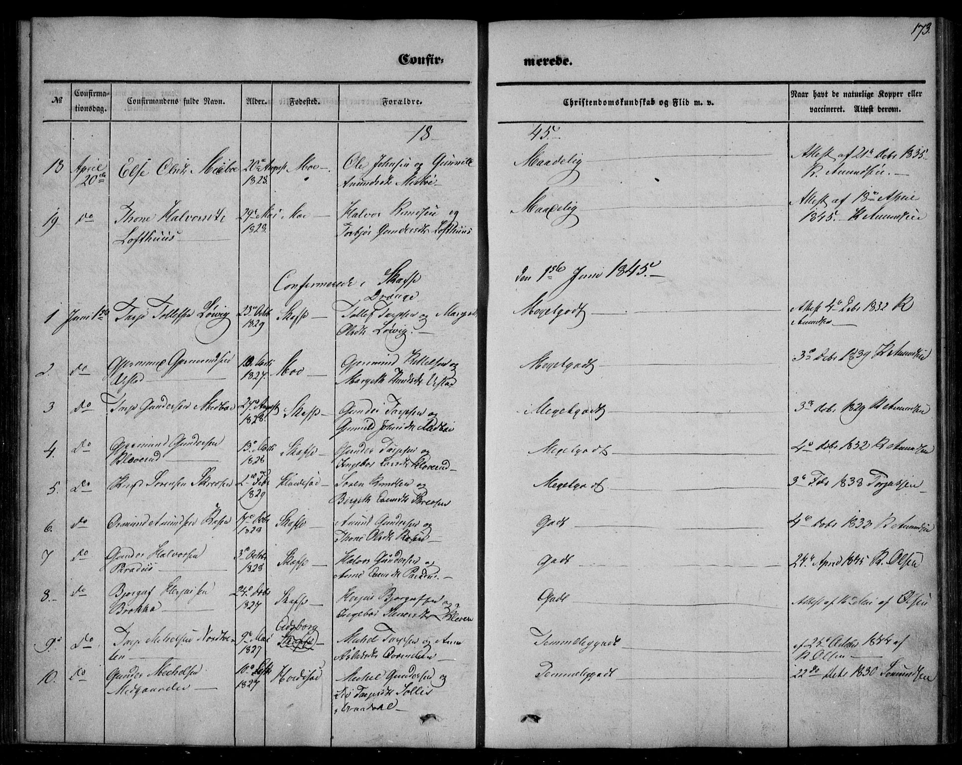 Mo kirkebøker, AV/SAKO-A-286/F/Fa/L0005: Parish register (official) no. I 5, 1844-1864, p. 173