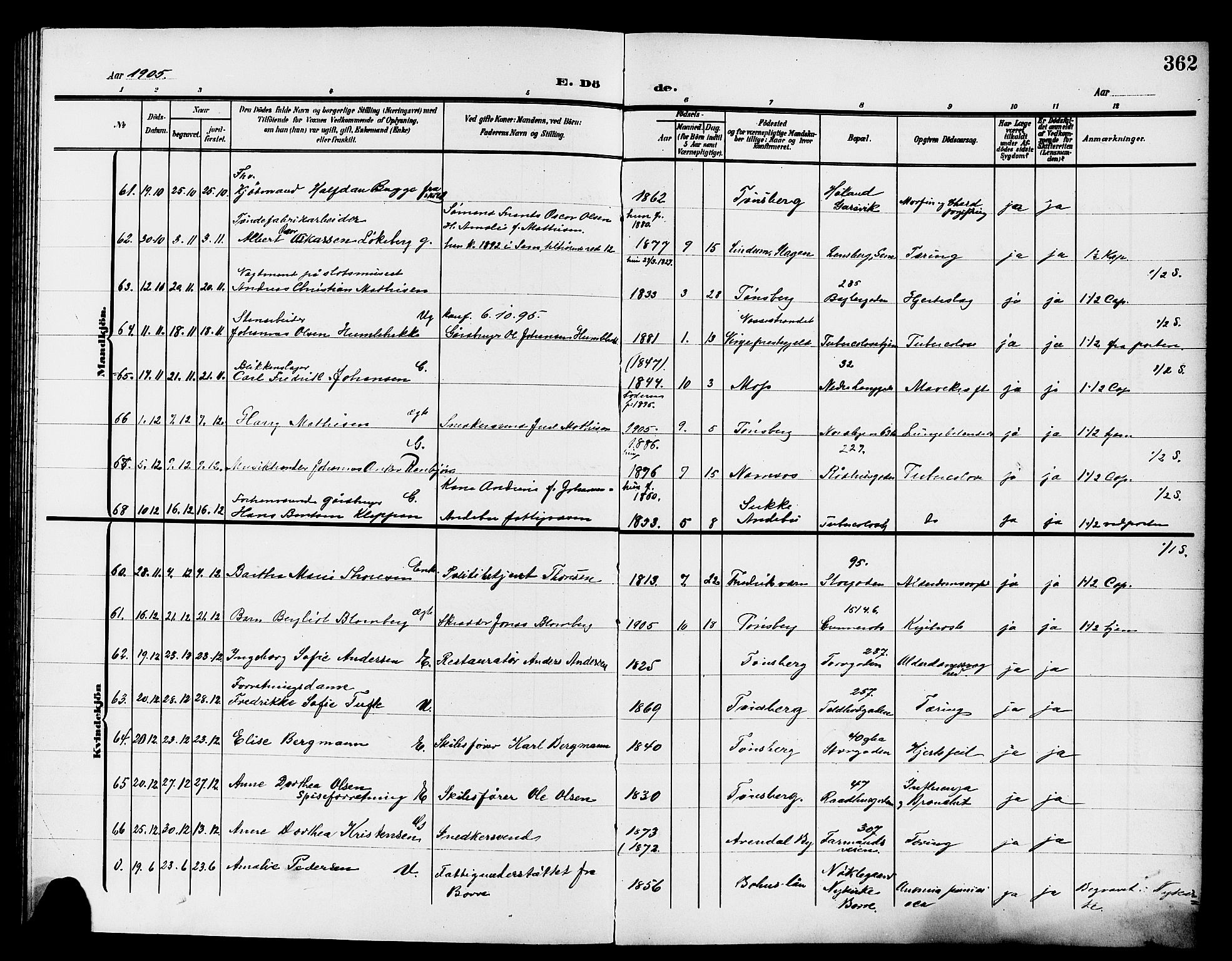 Tønsberg kirkebøker, AV/SAKO-A-330/G/Ga/L0008: Parish register (copy) no. 8, 1905-1912, p. 362