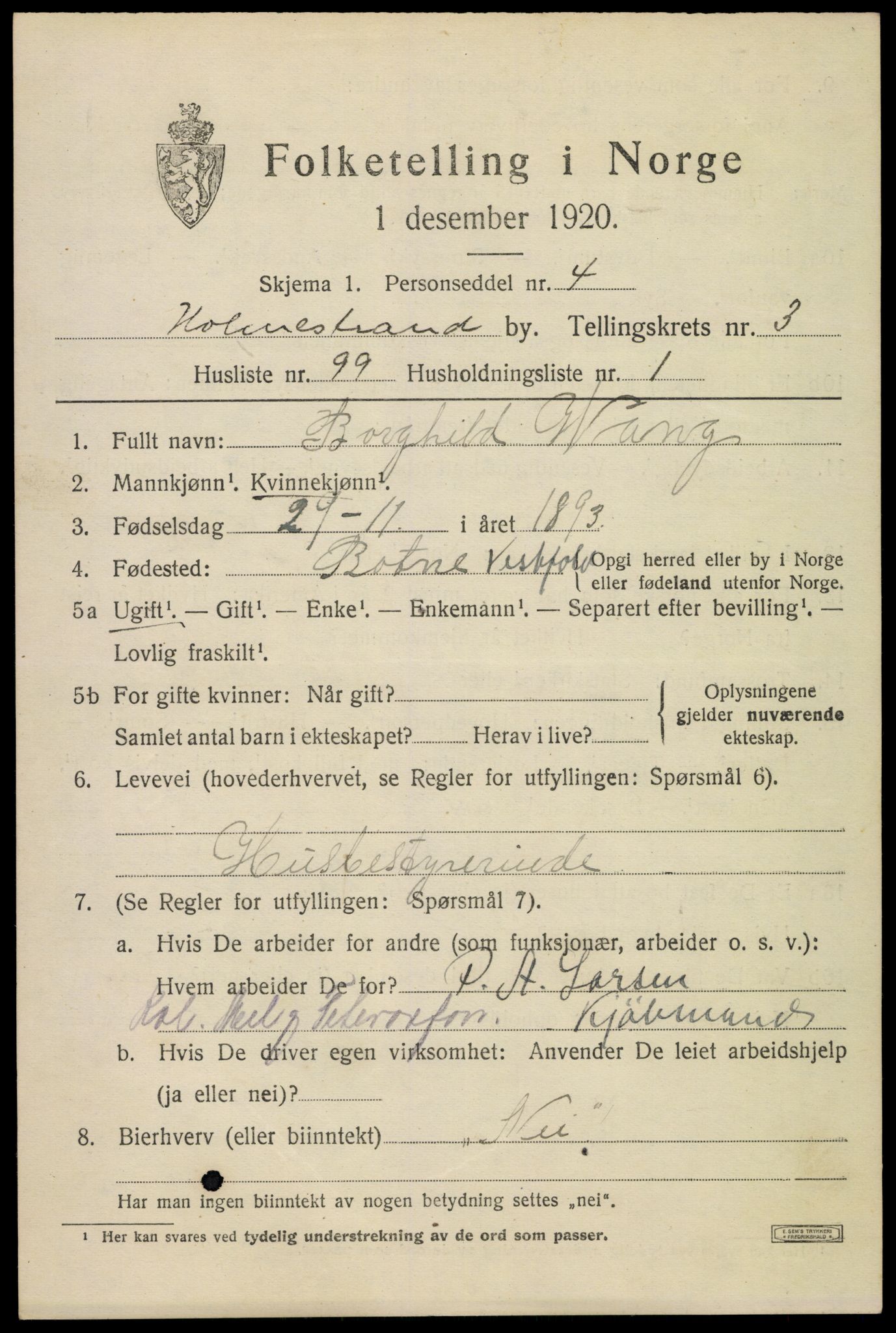 SAKO, 1920 census for Holmestrand, 1920, p. 4082