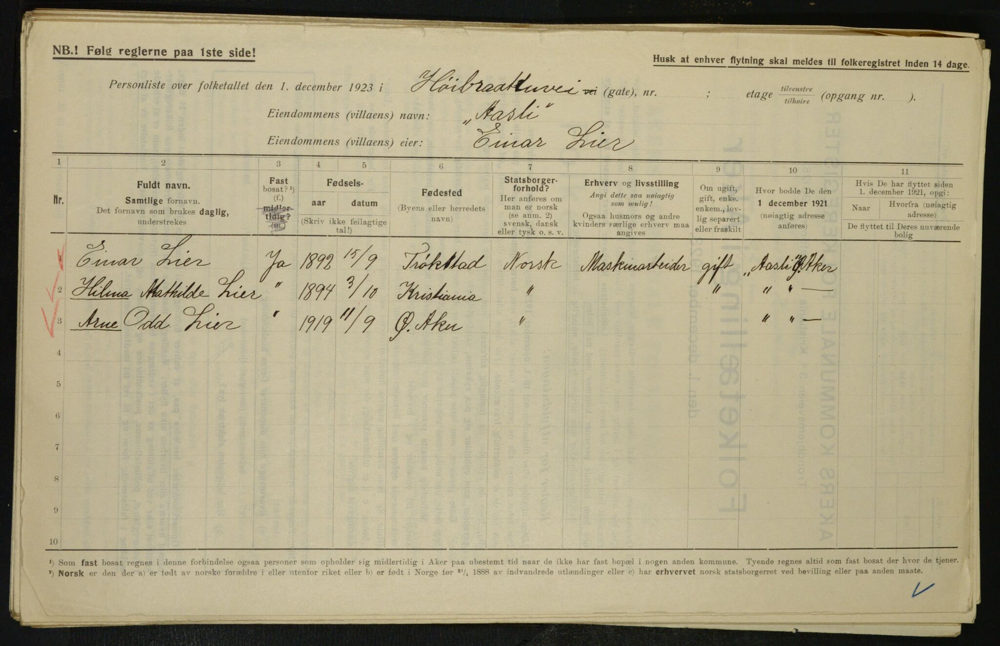 , Municipal Census 1923 for Aker, 1923, p. 27282