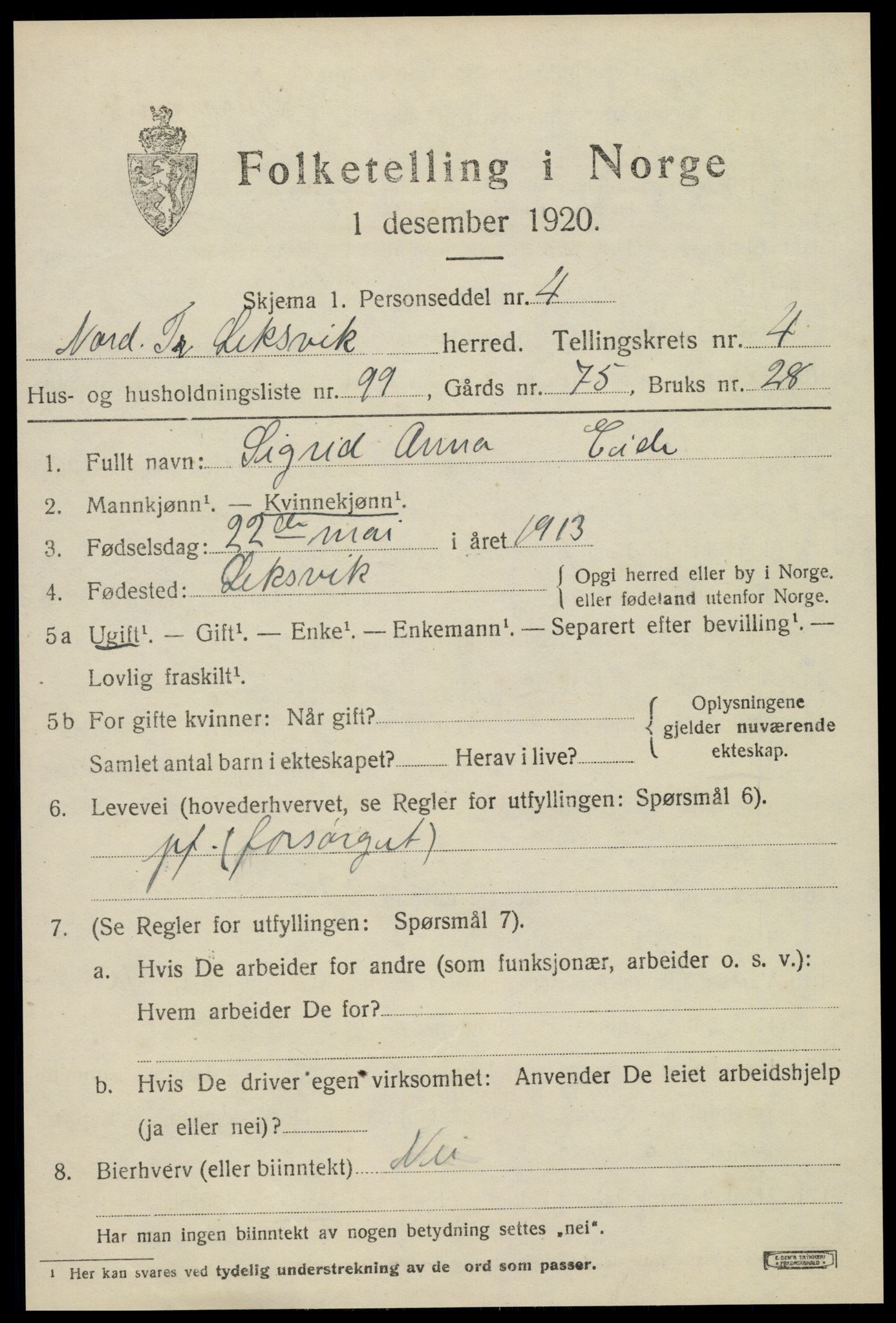 SAT, 1920 census for Leksvik, 1920, p. 4706