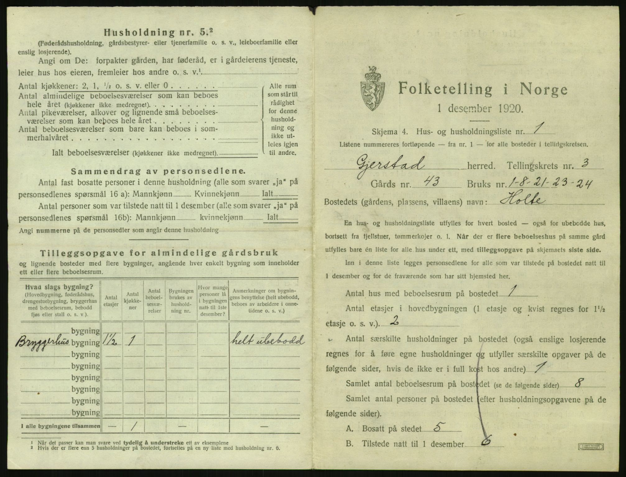 SAK, 1920 census for Gjerstad, 1920, p. 219