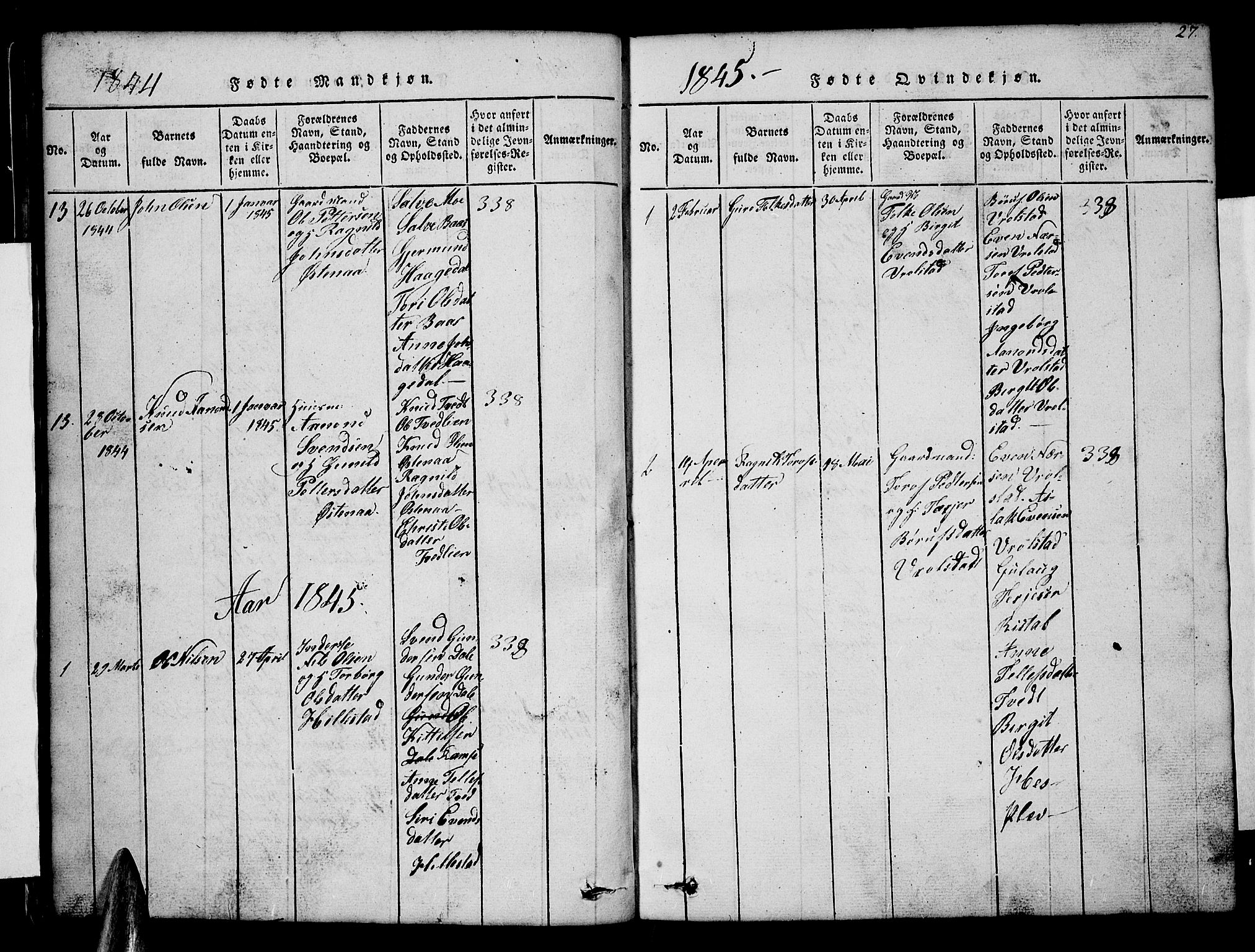 Åmli sokneprestkontor, AV/SAK-1111-0050/F/Fb/Fbb/L0001: Parish register (copy) no. B 1, 1816-1889, p. 27