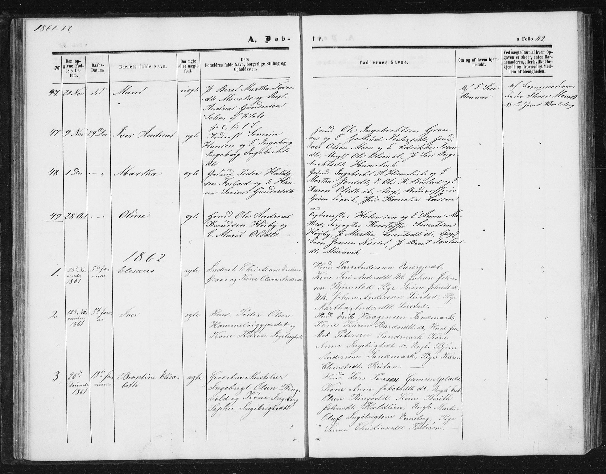 Ministerialprotokoller, klokkerbøker og fødselsregistre - Sør-Trøndelag, SAT/A-1456/616/L0408: Parish register (official) no. 616A05, 1857-1865, p. 42
