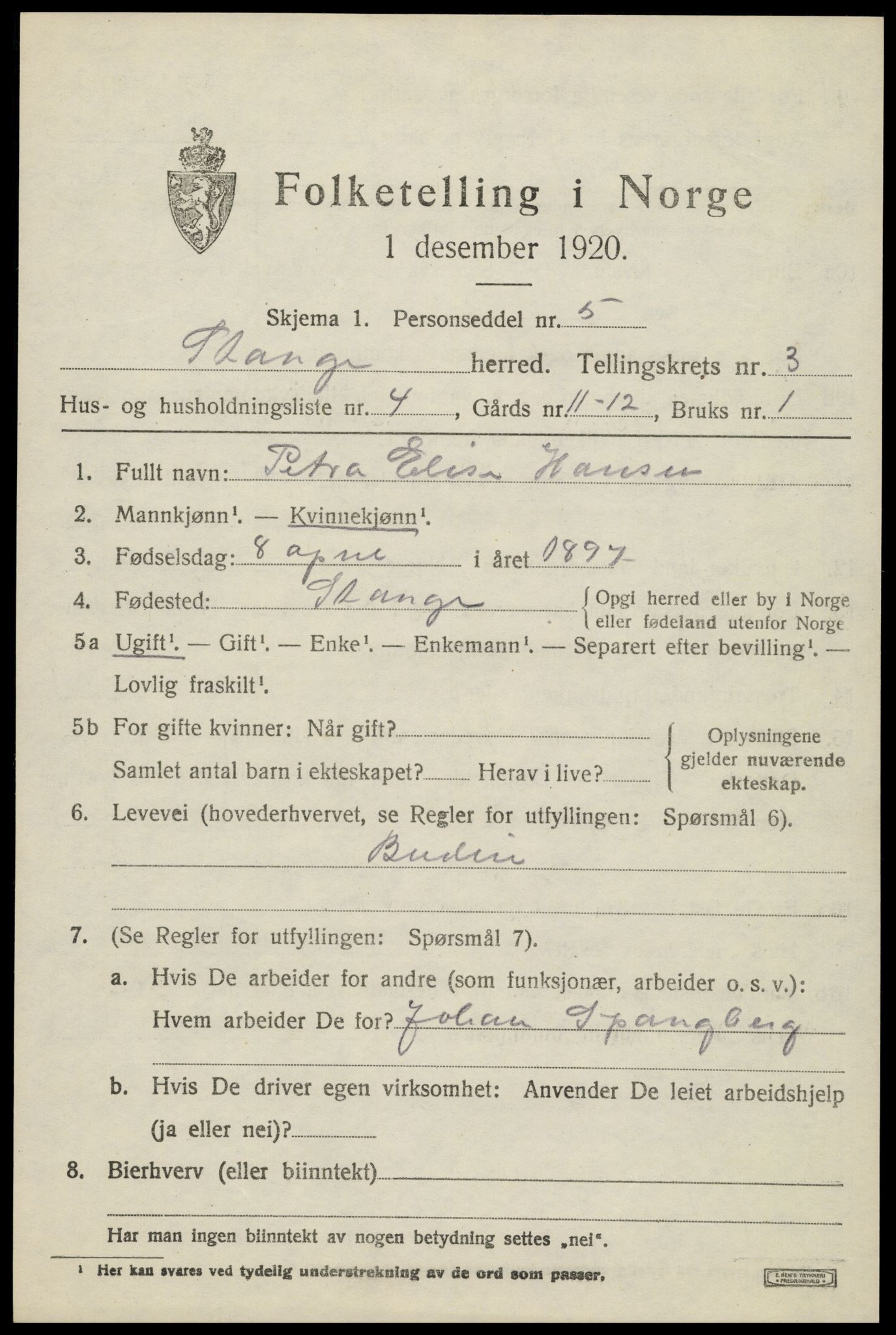 SAH, 1920 census for Stange, 1920, p. 5235