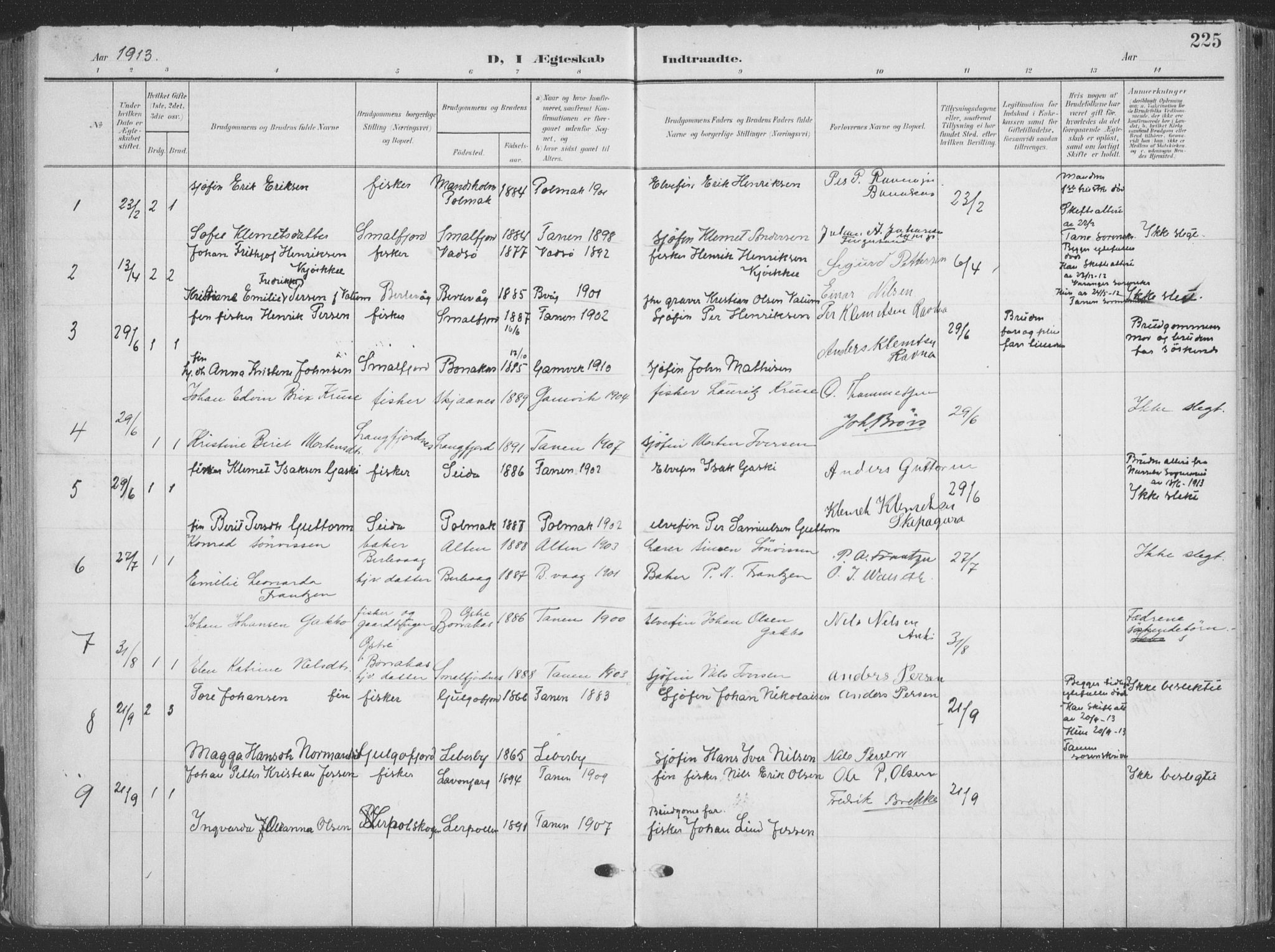 Tana sokneprestkontor, SATØ/S-1334/H/Ha/L0007kirke: Parish register (official) no. 7, 1904-1918, p. 225