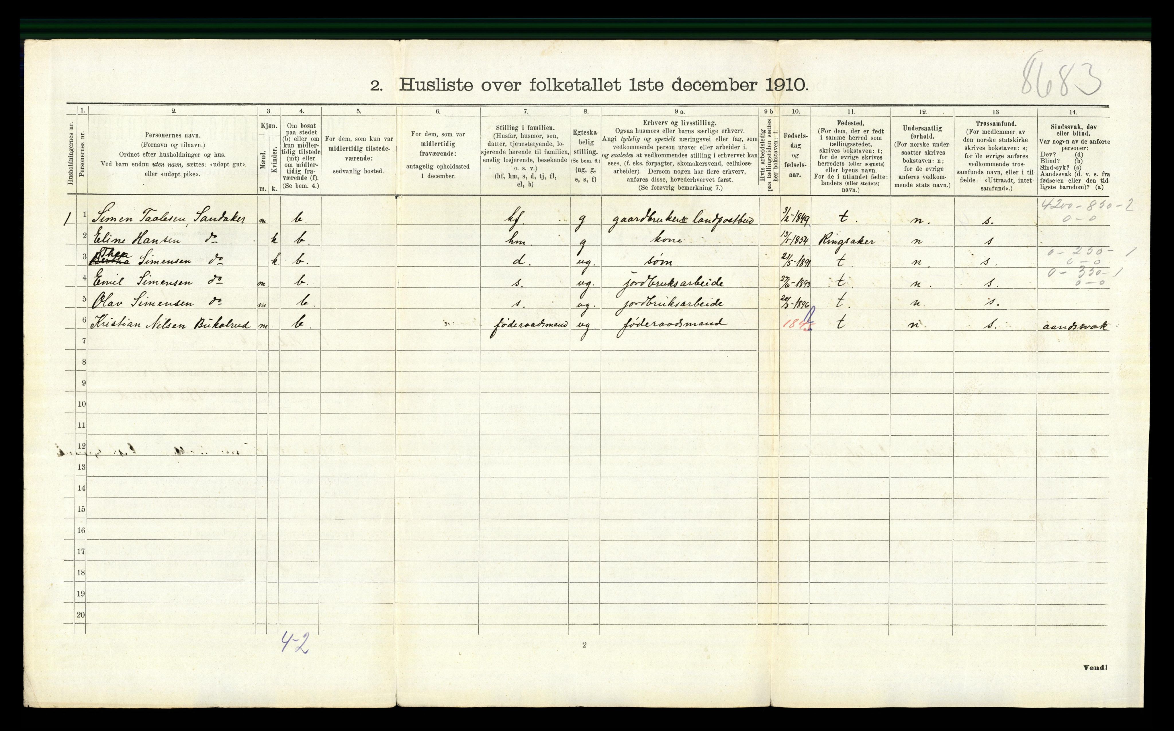 RA, 1910 census for Nes, 1910, p. 502