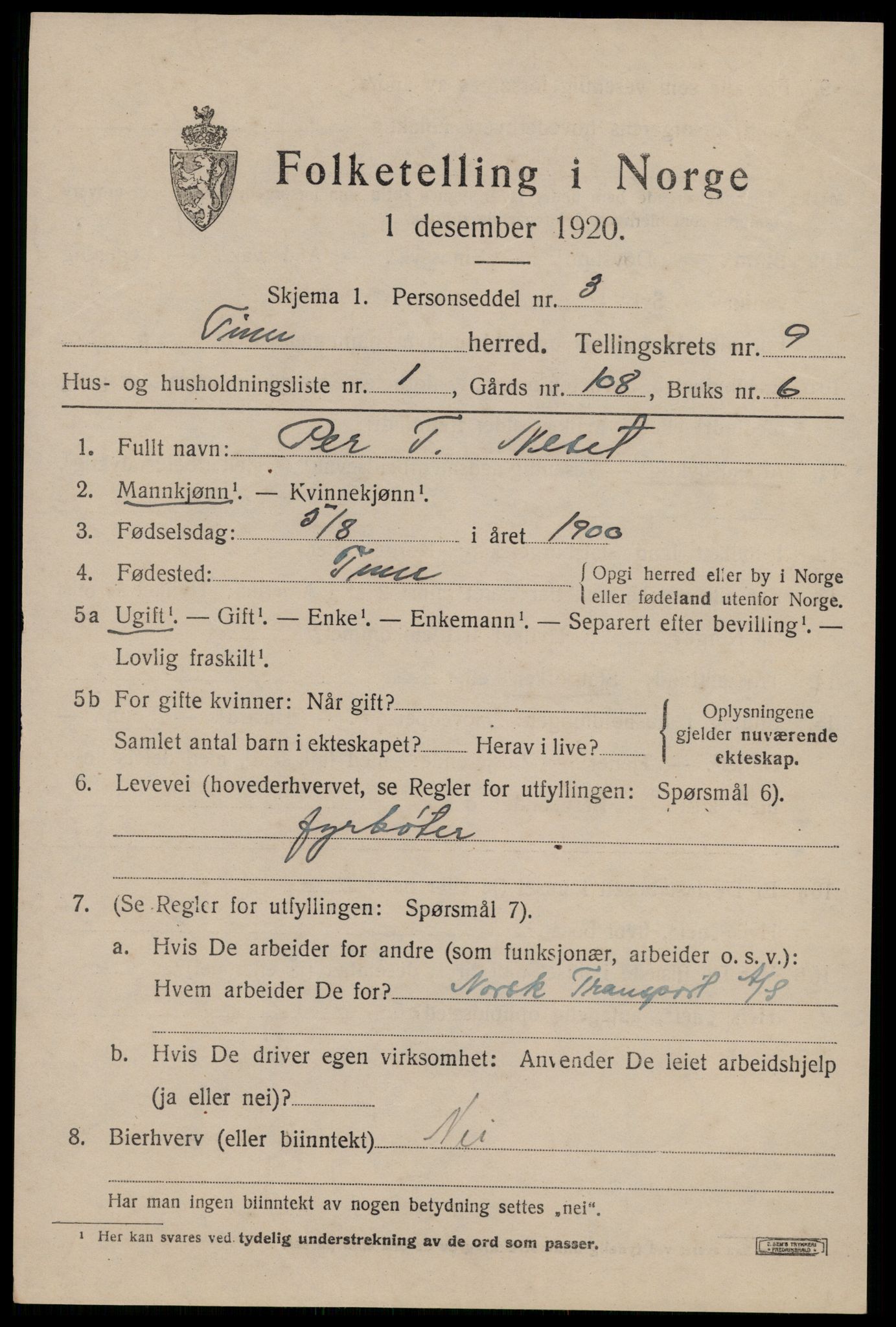 SAKO, 1920 census for Tinn, 1920, p. 5952